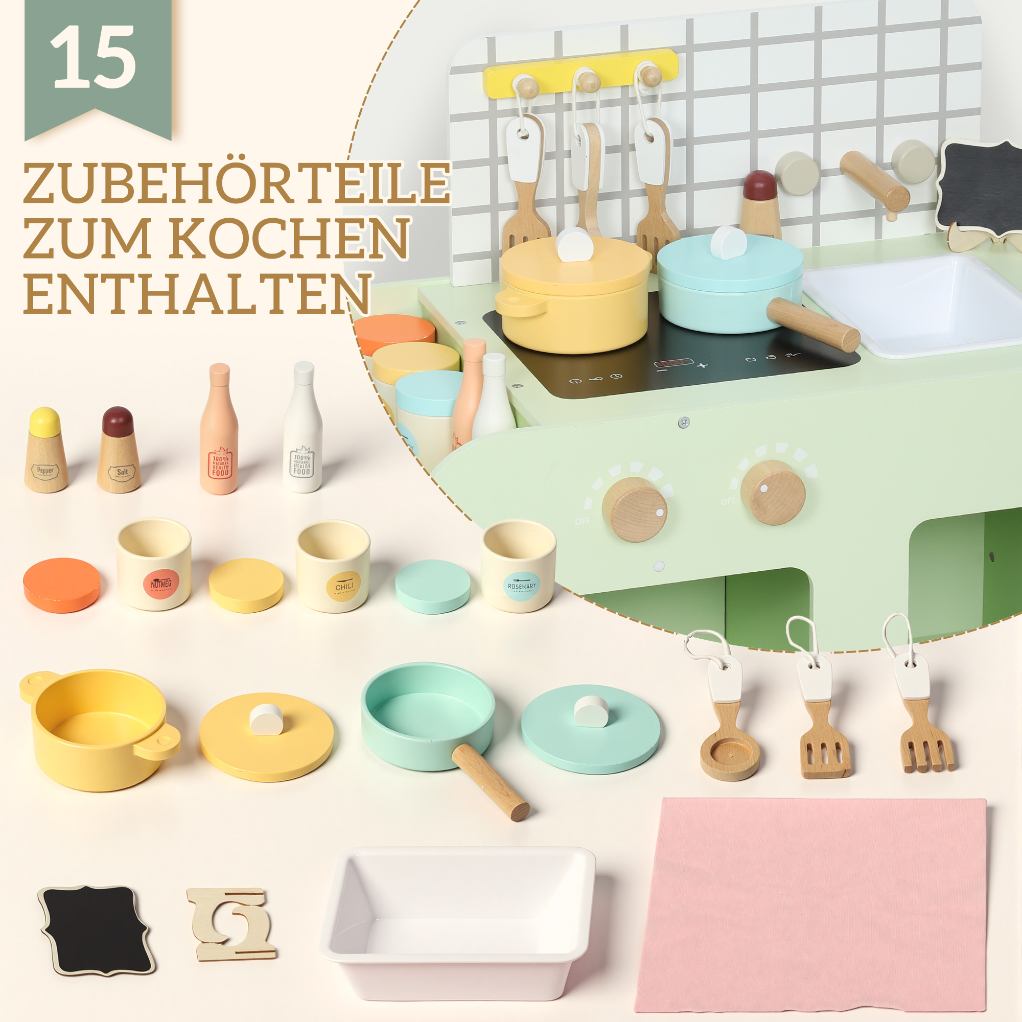 Kinderküchen-Spielset, MDF, 15 Zubehörteile, Schränke, 40 cm, ab 3 Jahren, Grün