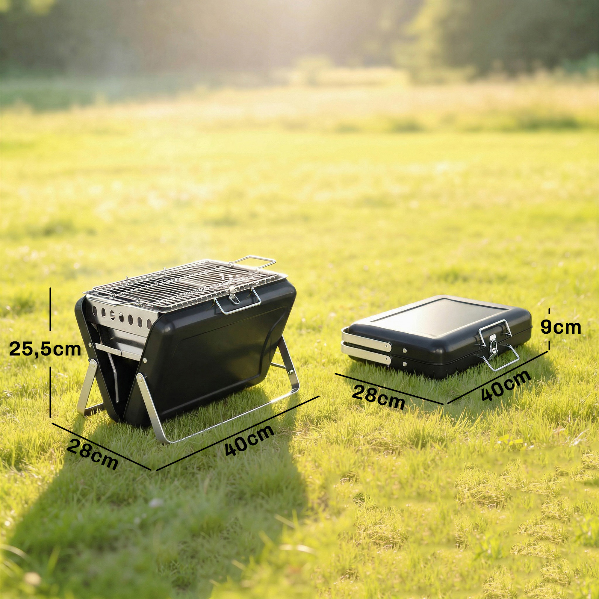 Holzkohlegrill aus Edelstahl BBQ Smoker mit Grillrost Griff klappbaren Beinen für Barbeque Camping 40x28x25,5cm Schwarz