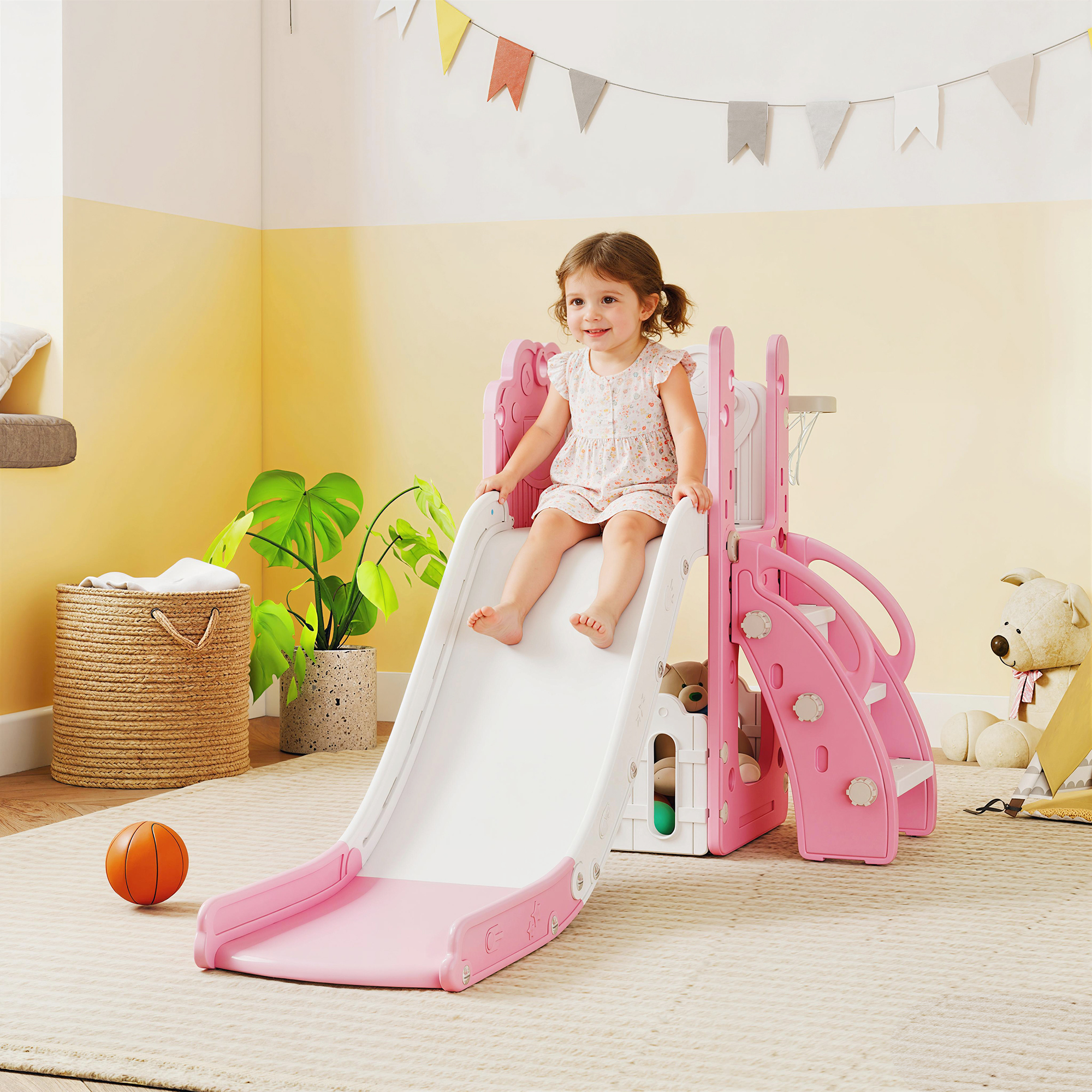 5-in-1 Kinderrutschenset, Teleskop, Basketballkorb, HDPE, Kunststoff, Rosa+Weiß