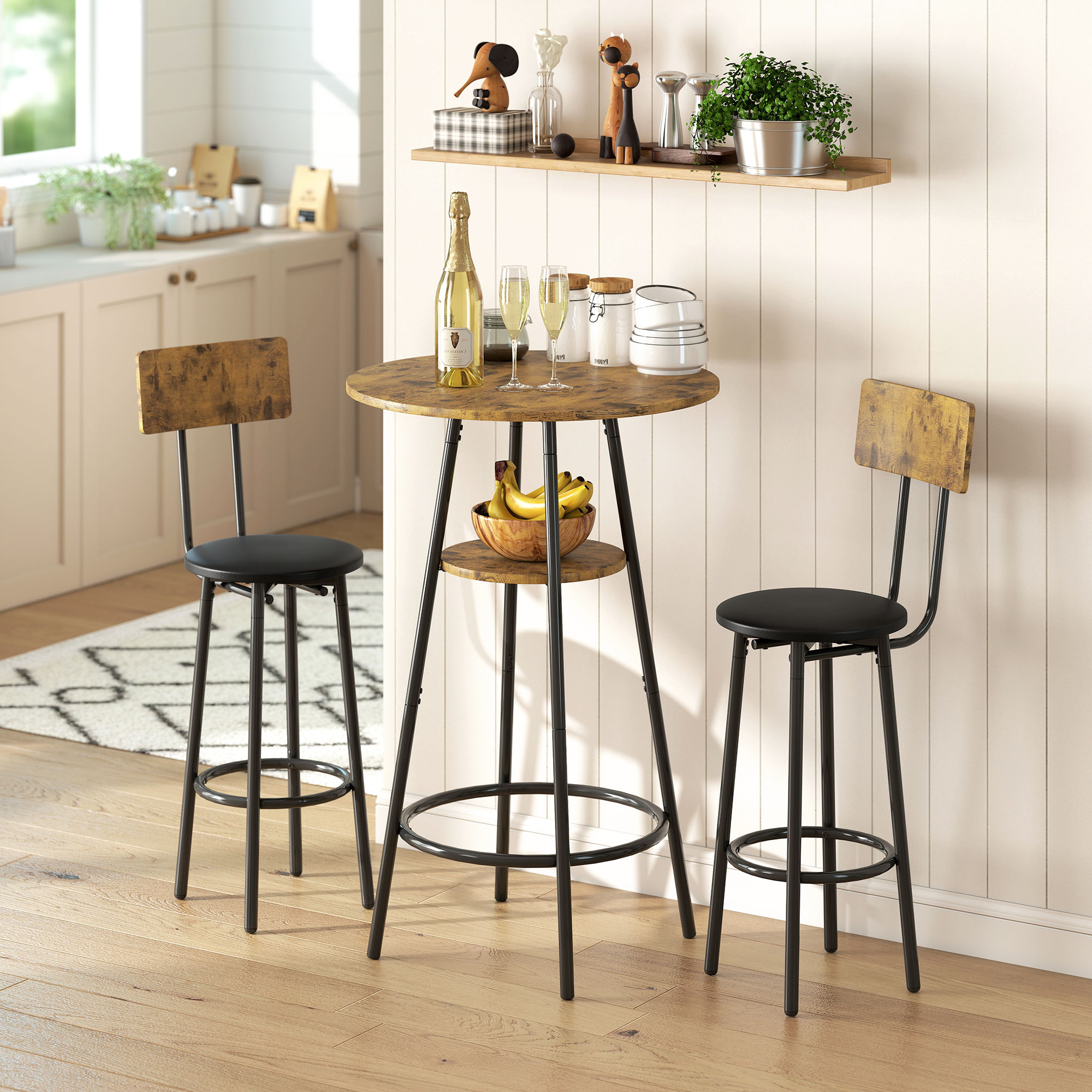 3-teiliges Bartisch-Set mit 2 gepolsterten Hockern, Kunstleder-Bezug, Rückenlehne, Metallgestell, Braun