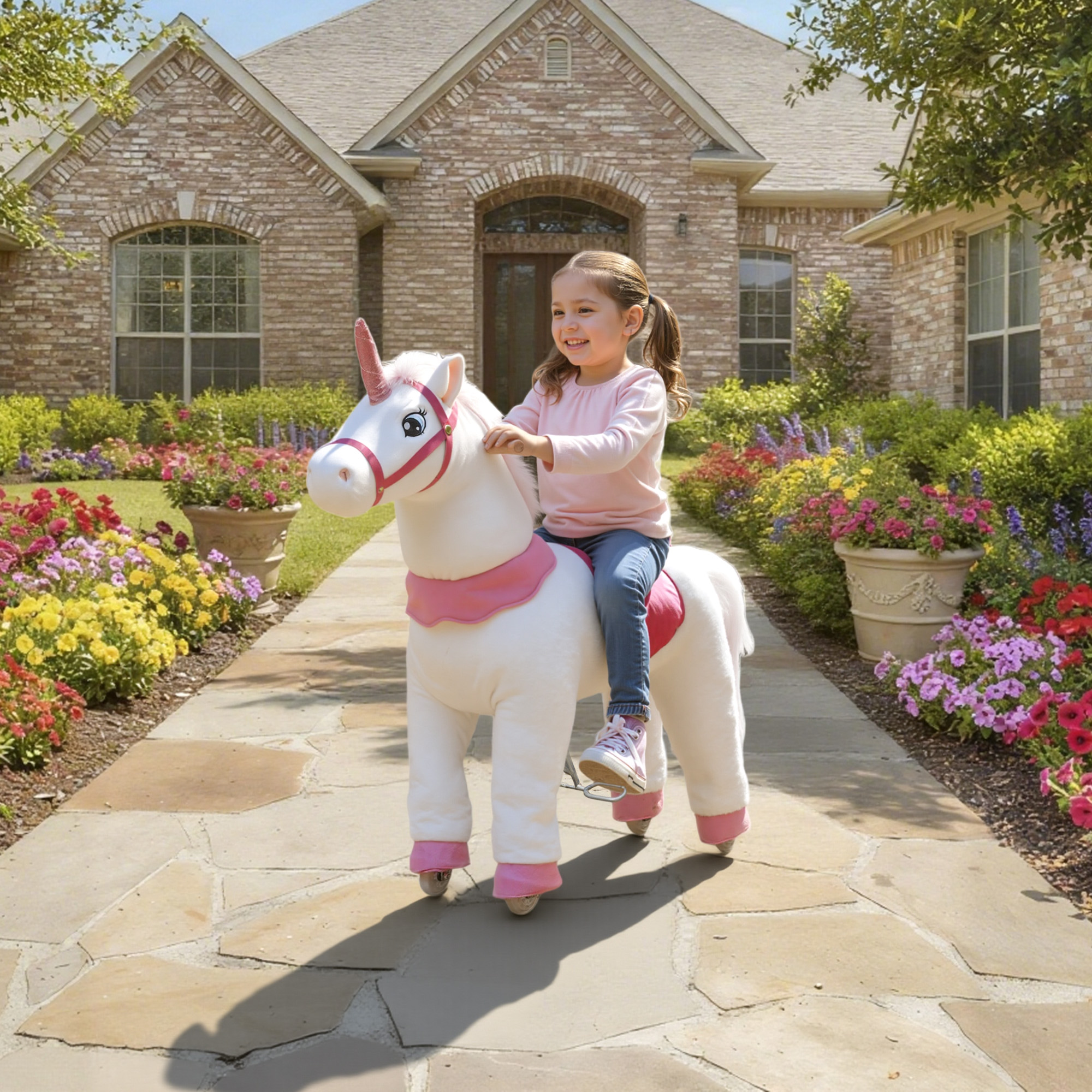 Reitpferd für Kinder, Einhorn-Design, Stoffbezug, stabiler Rahmen, sanfte Räder, Schaukelpferd, 3-5 Jahre, Weiß