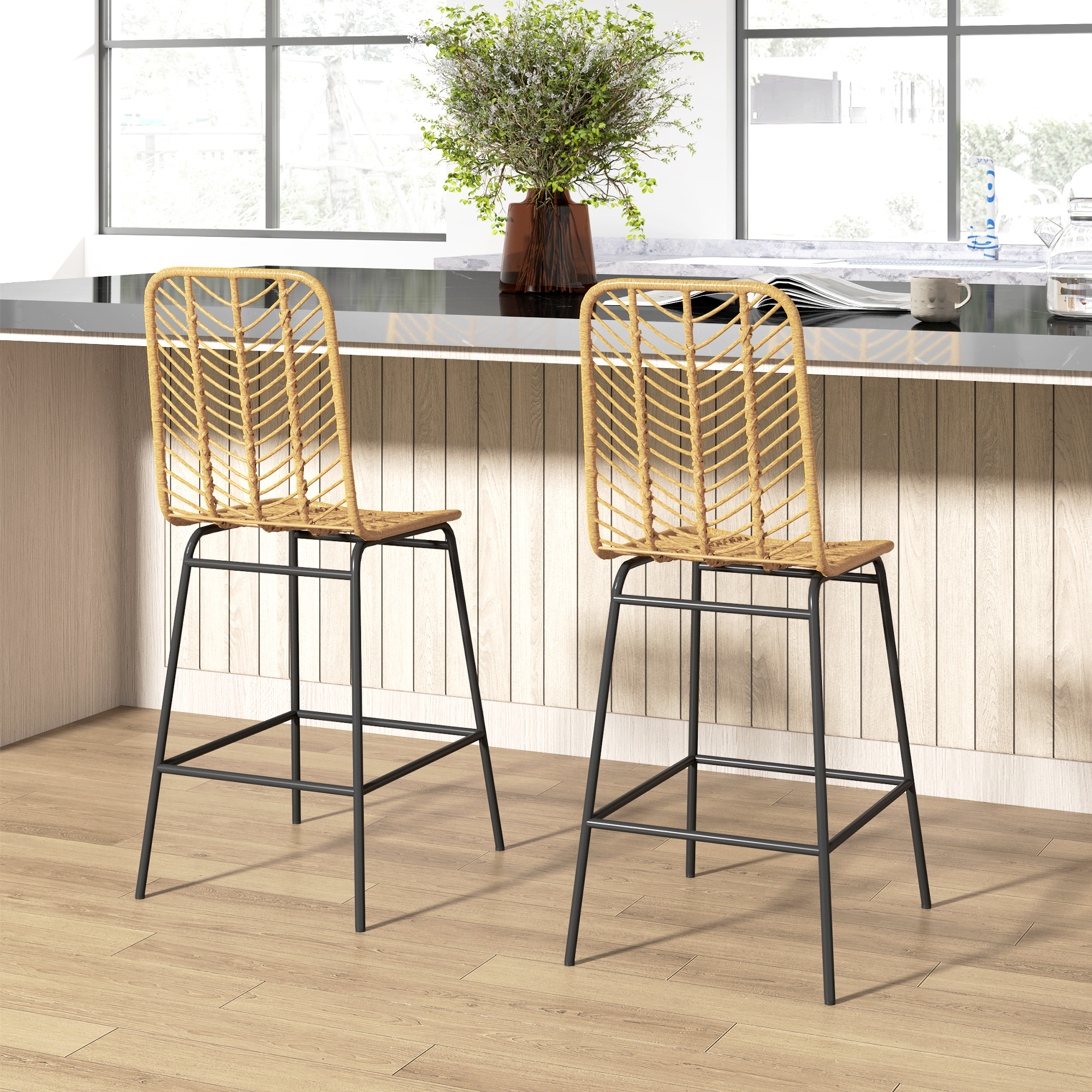 2er Set Barhocker mit Lehne Barstühle im Boho-Design, PE-Rattan, inkl, Fußtstütze, 42,5 cm x 52 cm x 102 cm, Gelb + Schwarz