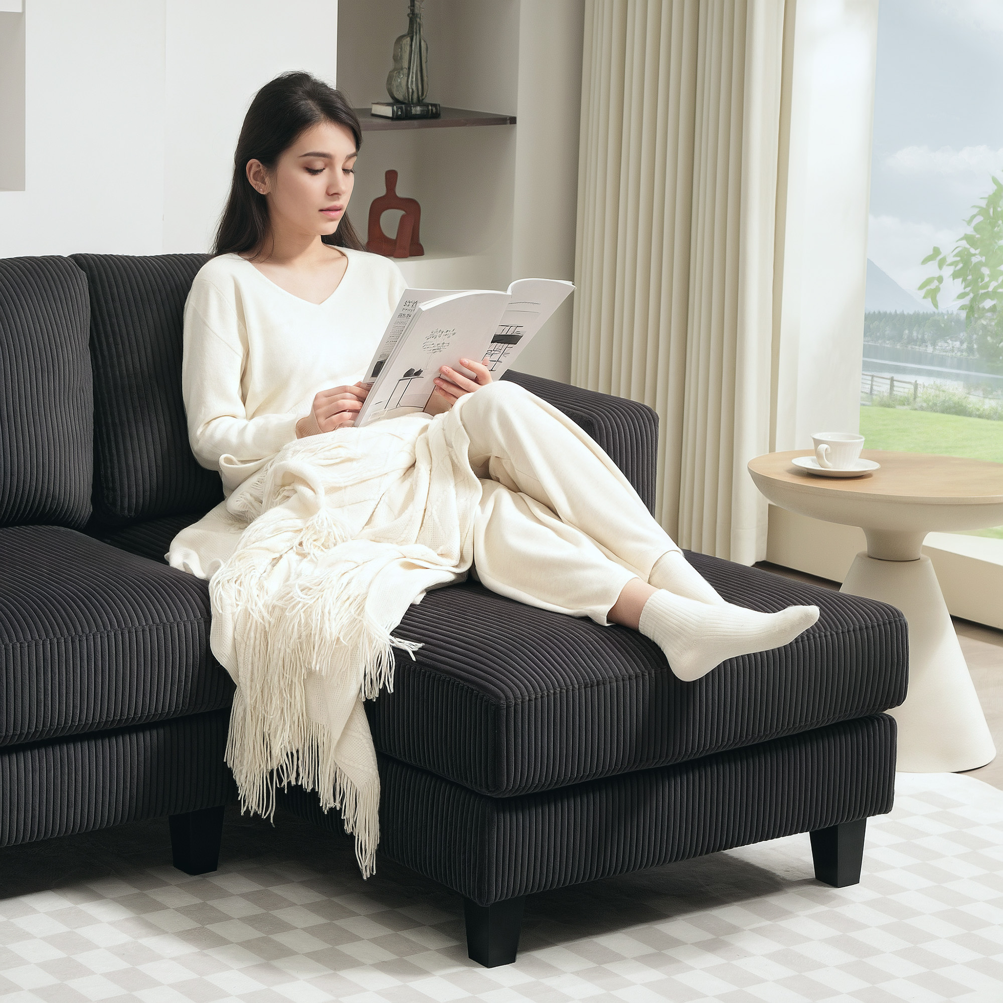 Ecksofa, L-förmiges 3-Sitzer-Sofa mit Chaiselongue, Holzkonstruktion, 8 Beine, Cordstoff, Schaumstoffpolsterung, Grau