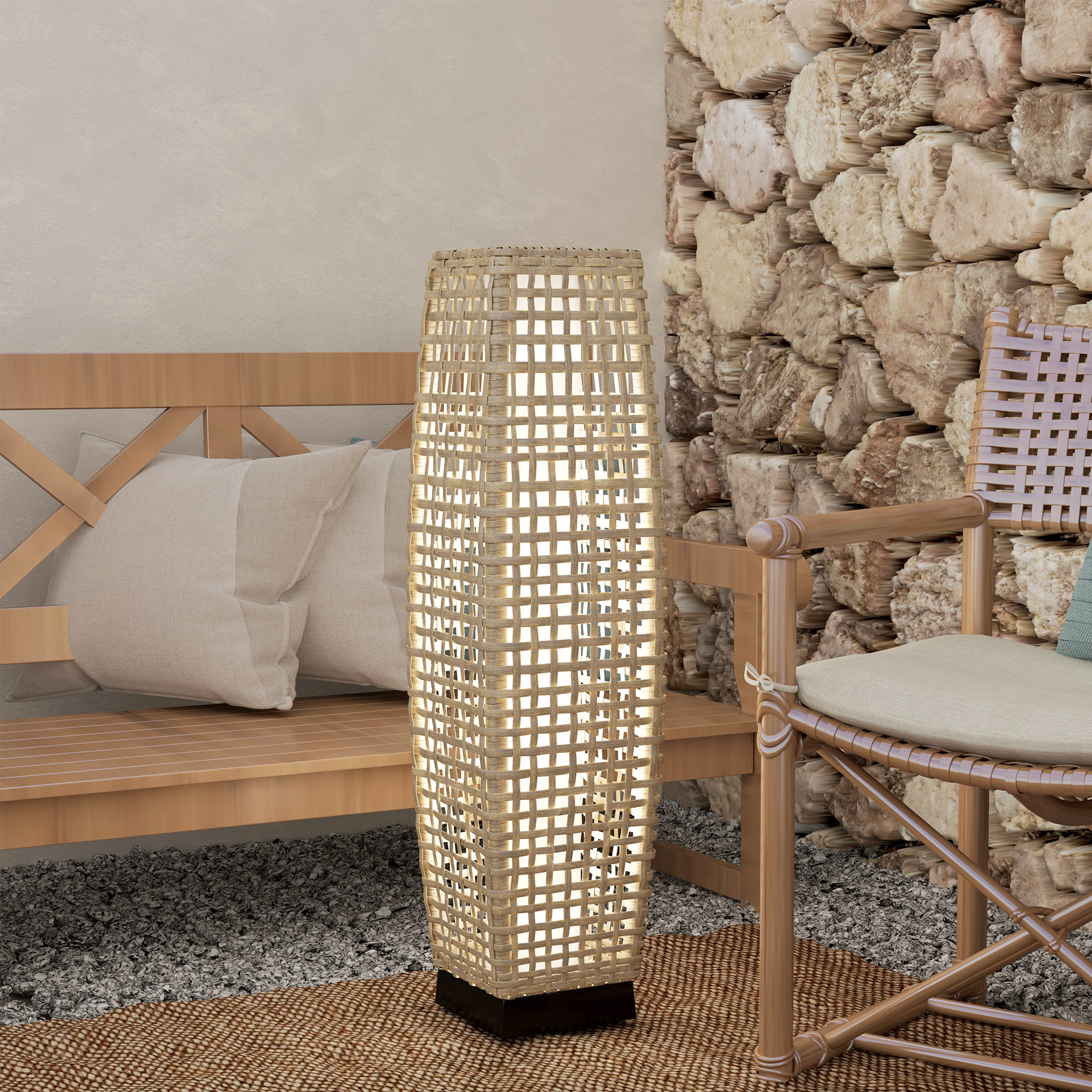 Solar Stehlampe Rattan Solarlampen mit Lichtsensor Automatische LED Solarleuchte im Boho-Stil IP44 Wasserdicht