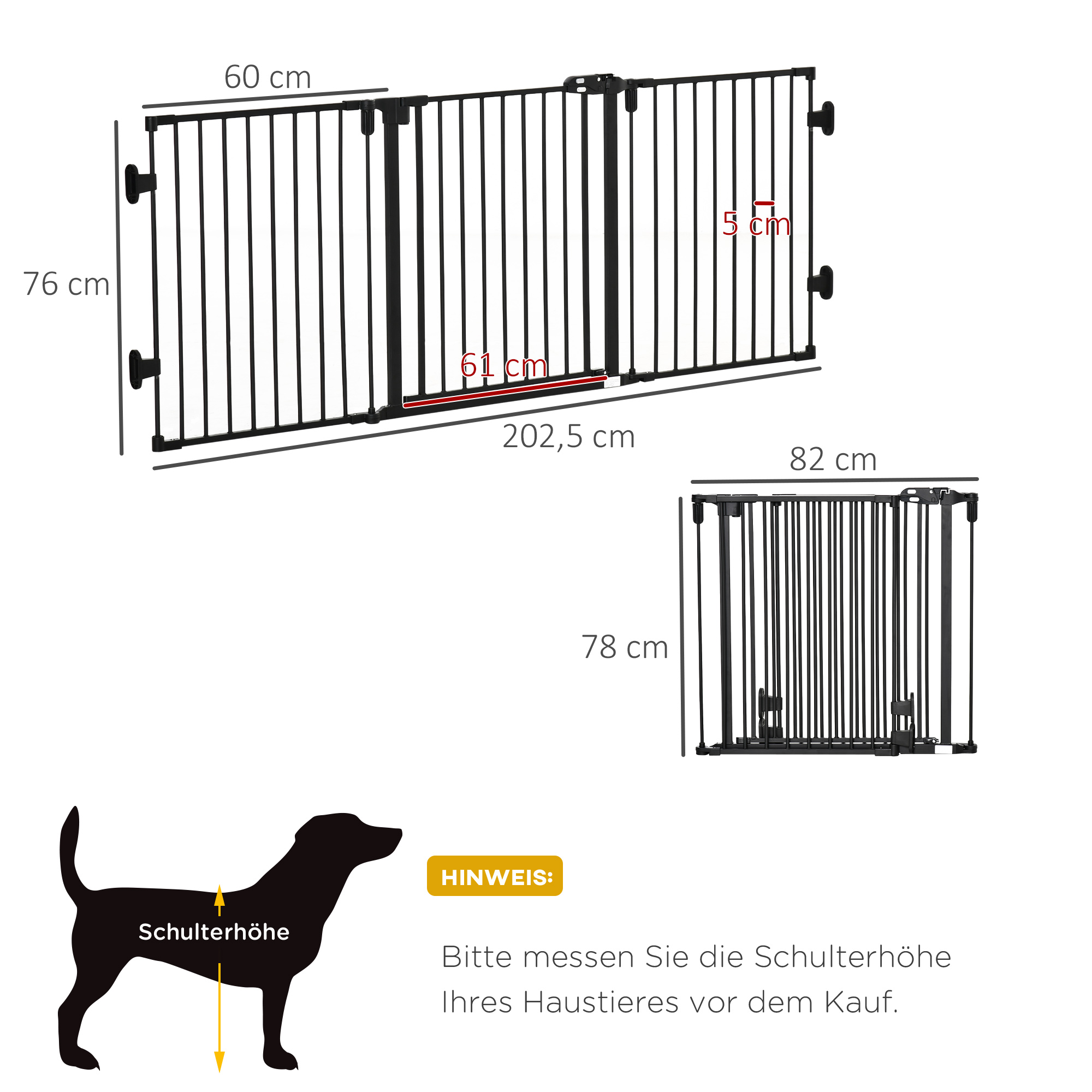 Absperrgitter Hund Freistehendes Verstellbares Schutzgitter 202,5 x 76 cm Hundegitter Klappbar Türschutzgitter Hundeabsperrgitter für Treppen, Türen, Küche, Flur, 3 Paneelen, Schwarz