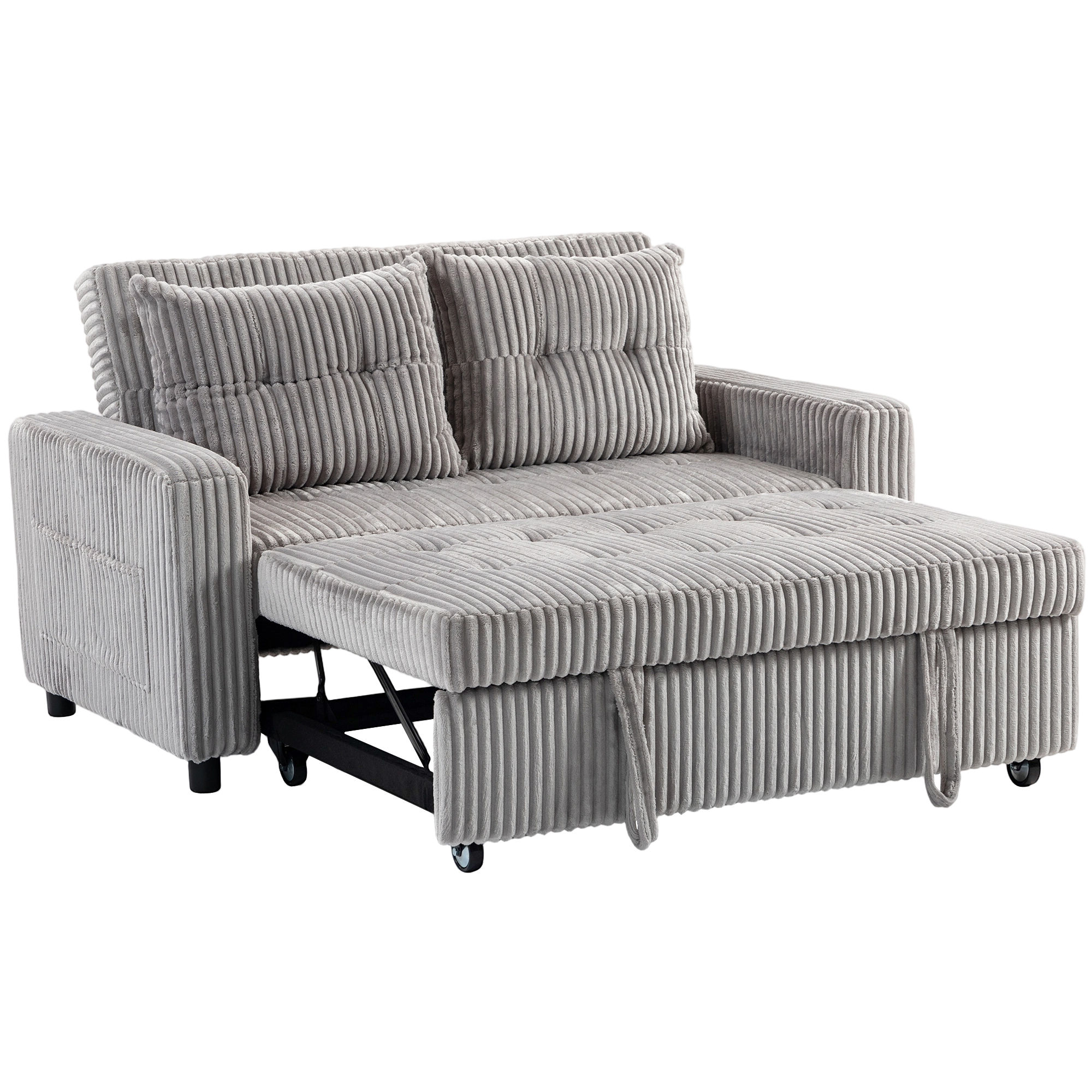 2-Sitzer Sofabett, Cordbezug, zum Schlafsofa umwandelbar, 2 Kissen, Seitentaschen, 157 x 190 cm, Hellgrau