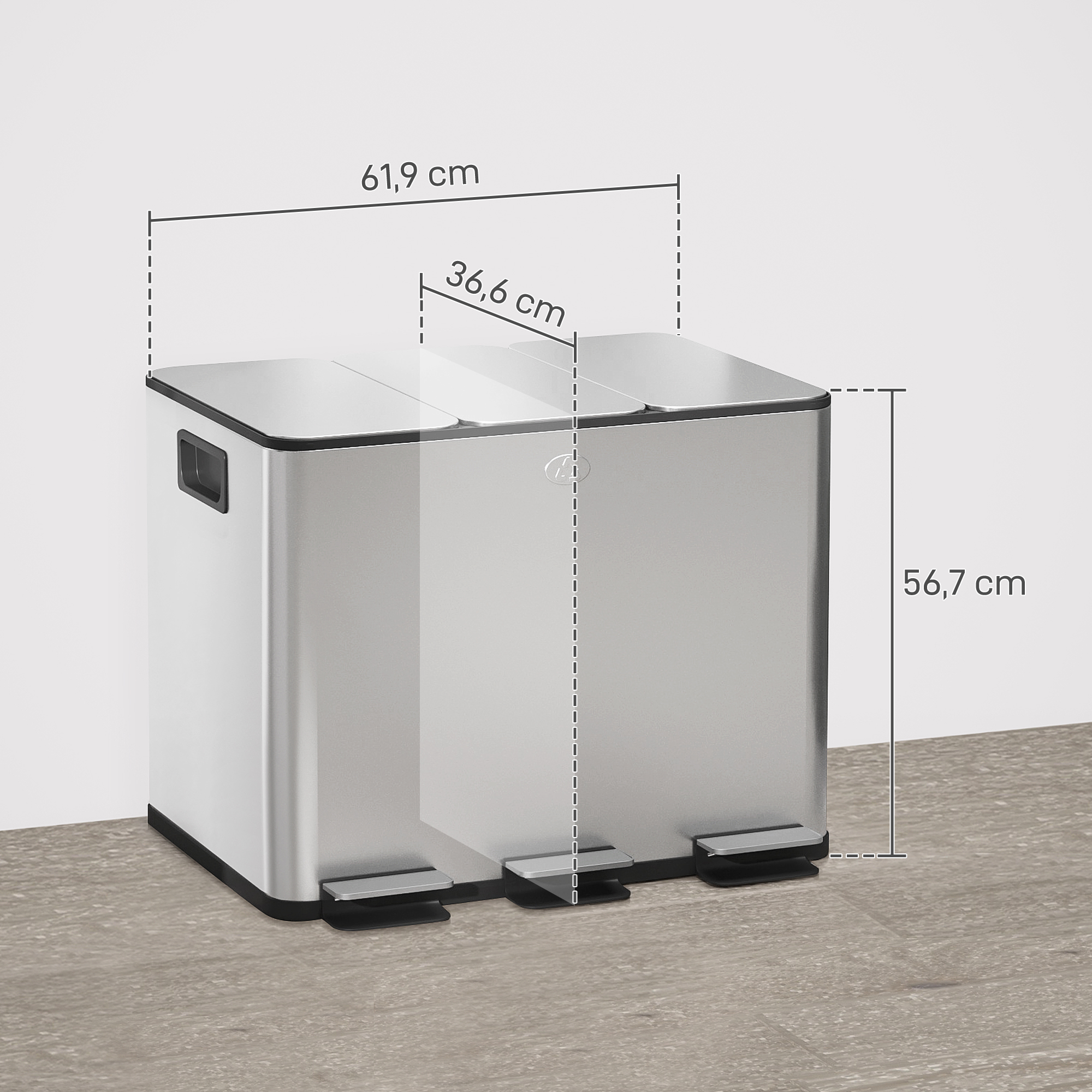 Mülleimer mit 3 x 20 L Fächern, Deodorant-Deckel, fingerabdrucksicher, Soft-Close, herausnehmbar, Silber