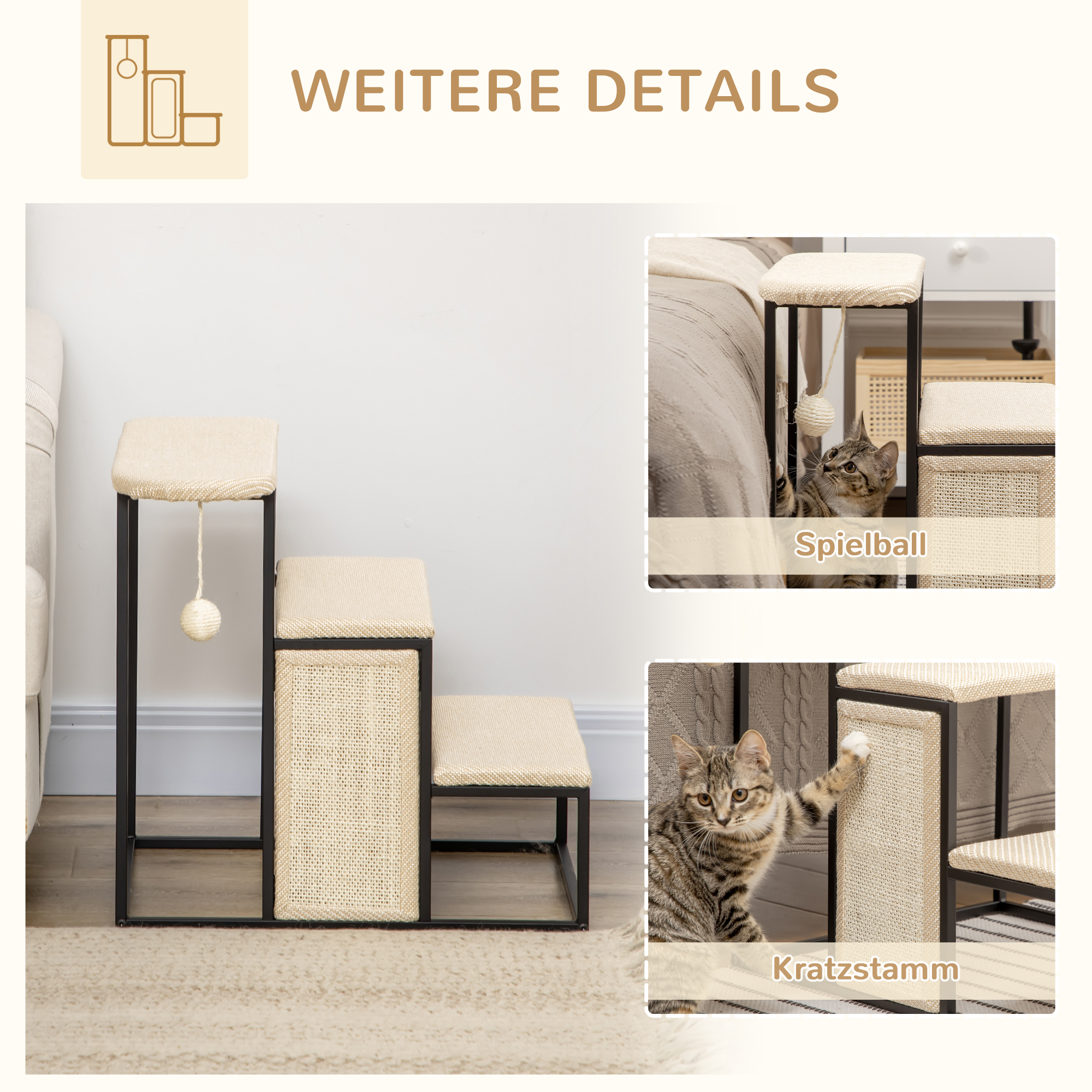 Katzentreppe, mit Kratzbrett, 3 Stufen, Spielball, robust, Stahl+Sisal, cremeweiß+schwarz, 51 x 54 x 53cm