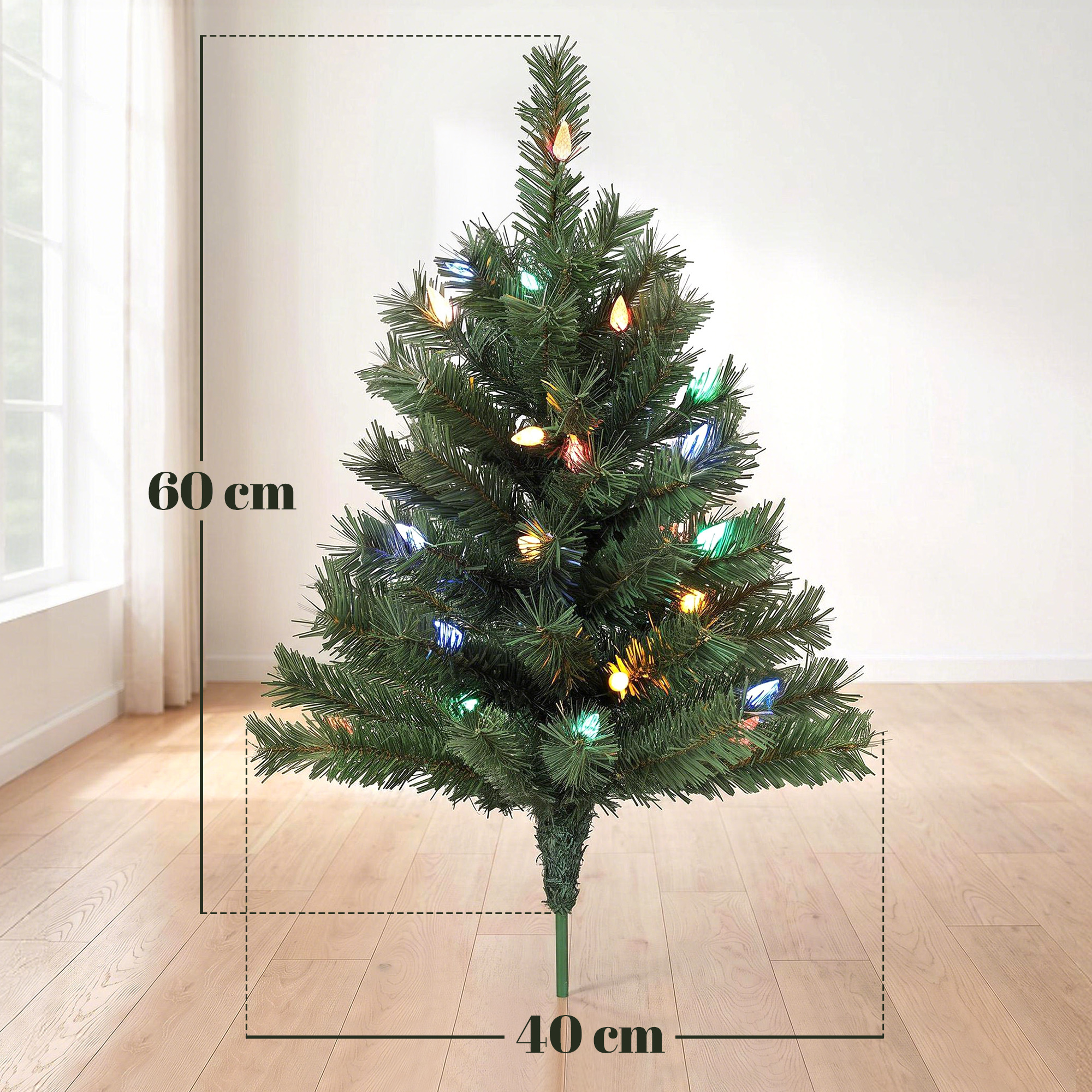 Beleuchteter Weihnachtsbaum 60 cm, 2er-Set, künstlich, mit 60 bunten LED-Lichtern, 130 Zweigspitzen, Grün