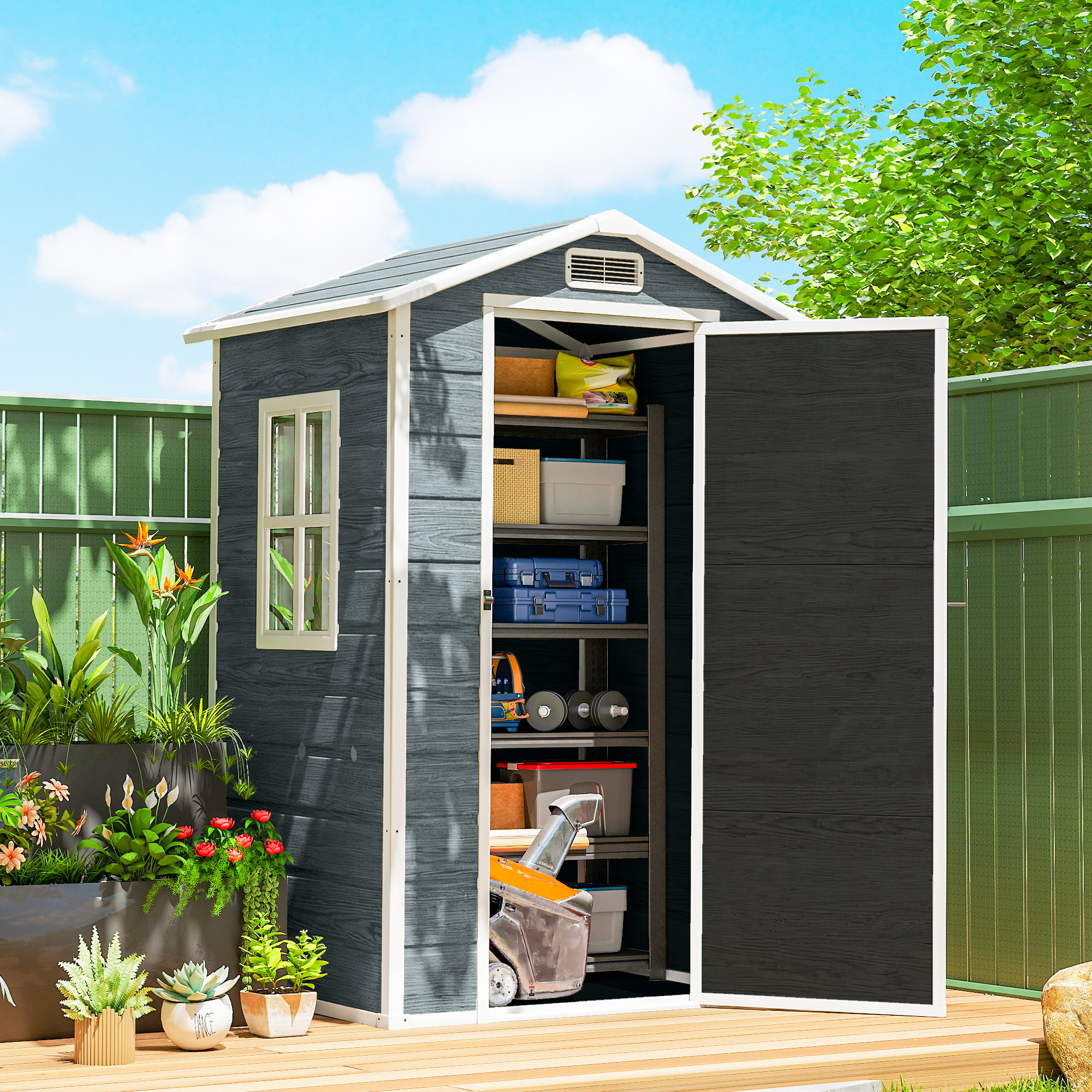 Gerätehaus 1,1 m² Geräteschuppen mit Holzoptik Fenster Satteldach Belüftung Boden Schloss Handschuhe Grau