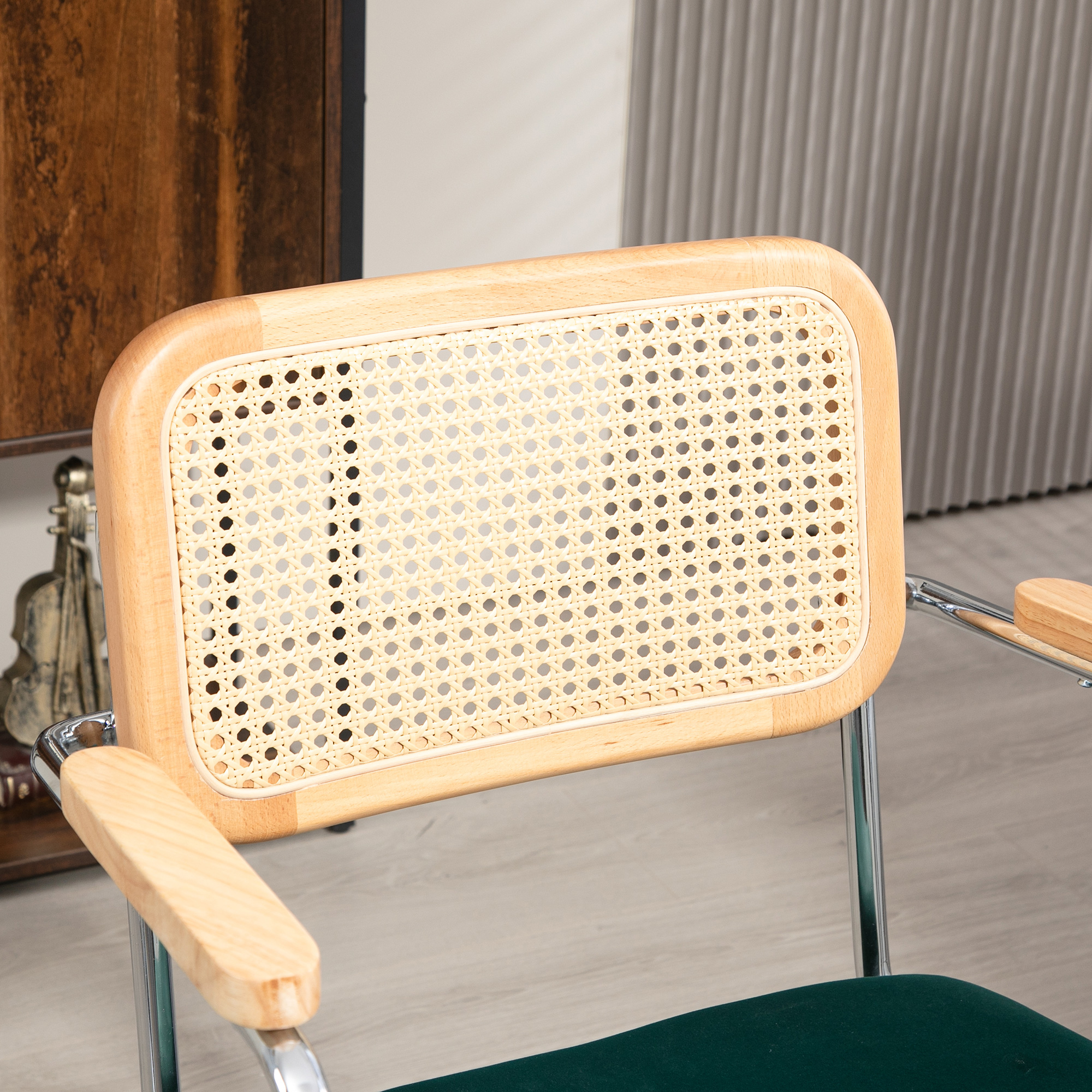 Bürostuhl, Boho-Design, Holzarmlehnen, drehbar, verstellbar, bis 120 kg, Stahl, Grün