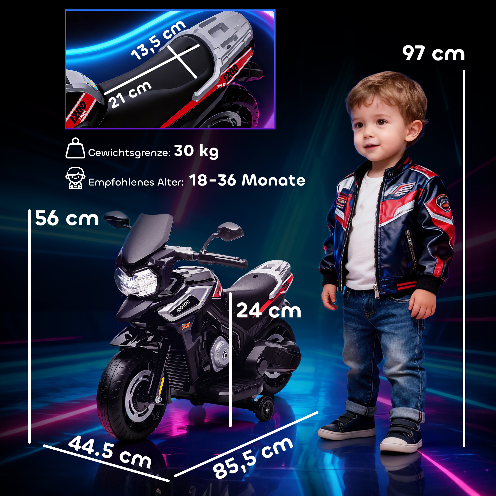 Elektro-Motorrad für Kinder von 18-36 Monaten, Aufsitz-Fahrzeug, Hilfsräder, Lichter, Musik, Kunststoff, Stahl, Schwarz
