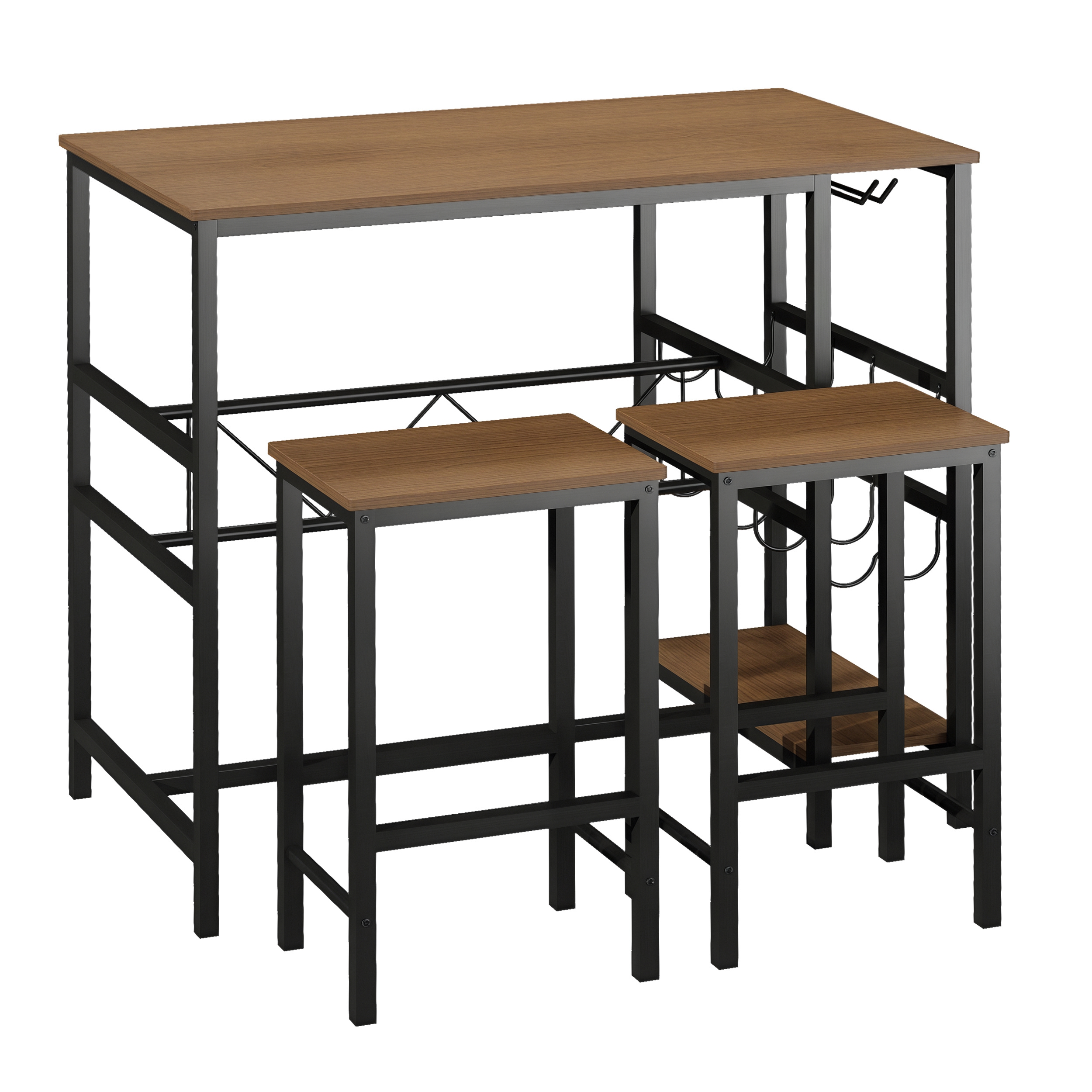 Bartisch-Set, Stehtisch mit 2 Barhockern, 3-teiliges Tischset Küchentresen mit Flaschenhalterung Spanplatte, Stahl, Natur+Schwarz, 108 x 60x 95H cm