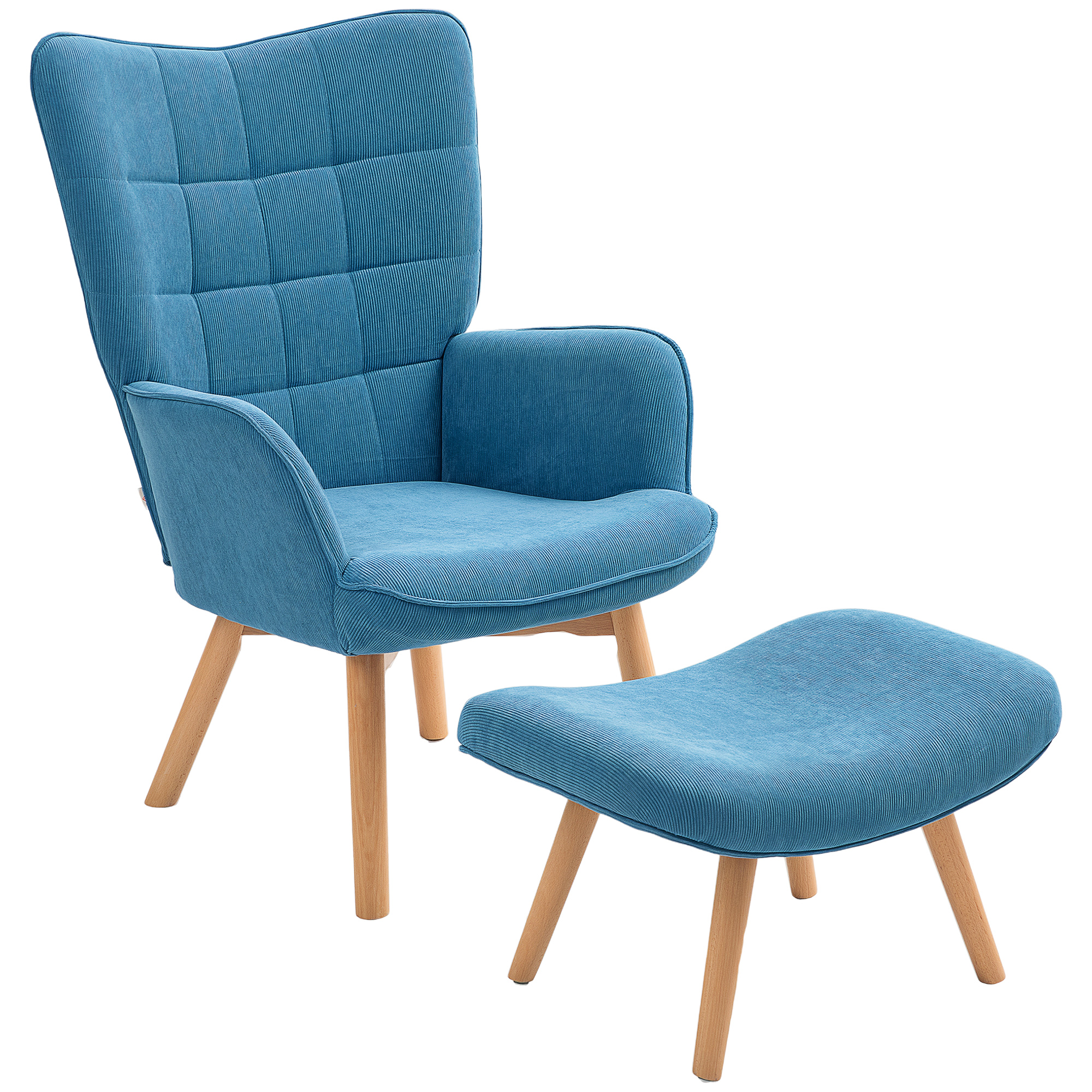 Akzentsessel mit Hocker, Relaxsessel in Cord-Optik, Armlehnstuhl mit Holzbeinen, für Wohnzimmer, Blau