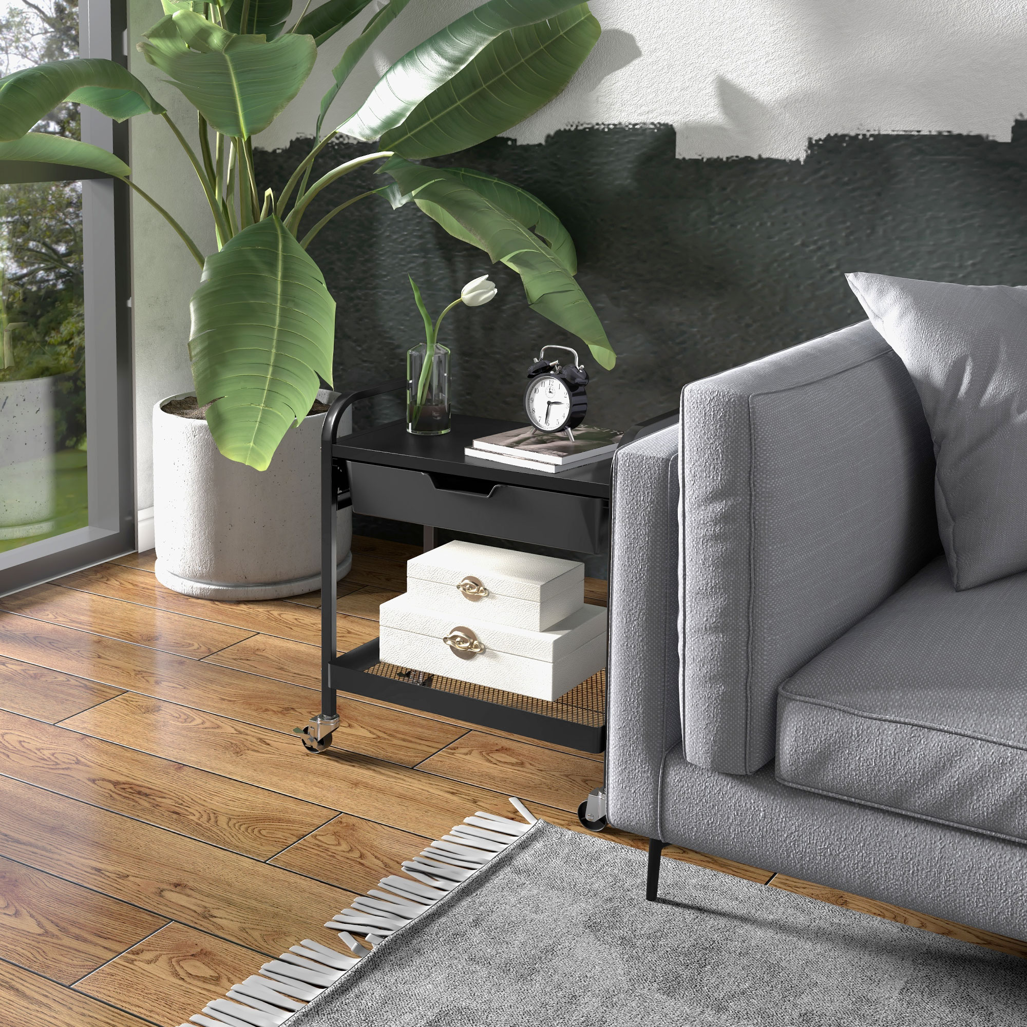 Mehrzweckwagen mit 1 Schublade, 1 Ablage, 4 Rollen, Küchenwagen, Schwarz