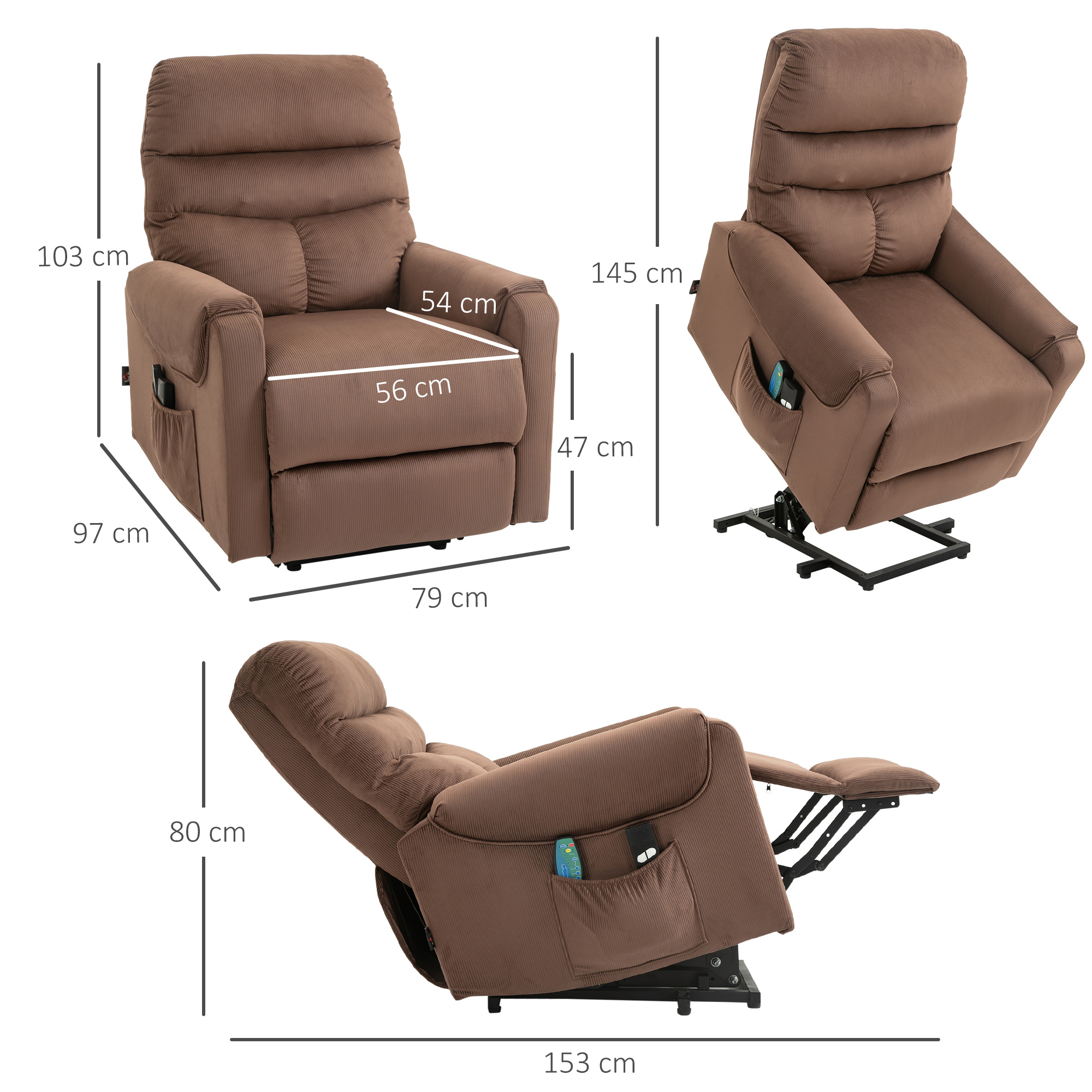 Fernsehsessel mit Aufstehhilfe Elektrisch, Massagesessel mit Liegefunktion und Wärmefunktion, Relaxsessel mit Fernbedienung und Seitentasche Verstellbar Polyester-Gewebe Braun