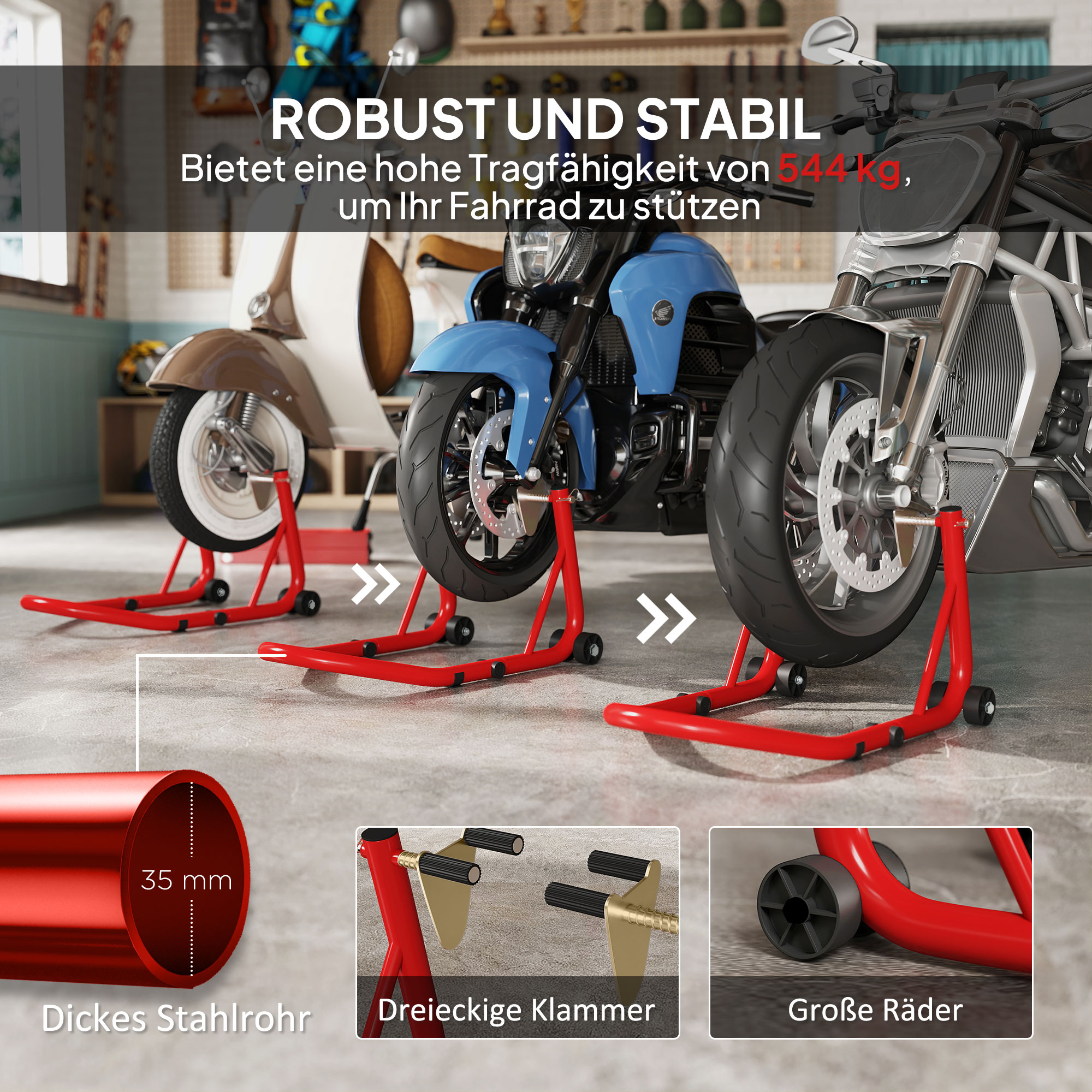 Motorradständer Set vorne Montageständer Motorradheber bis 544 kg Stahl Rot