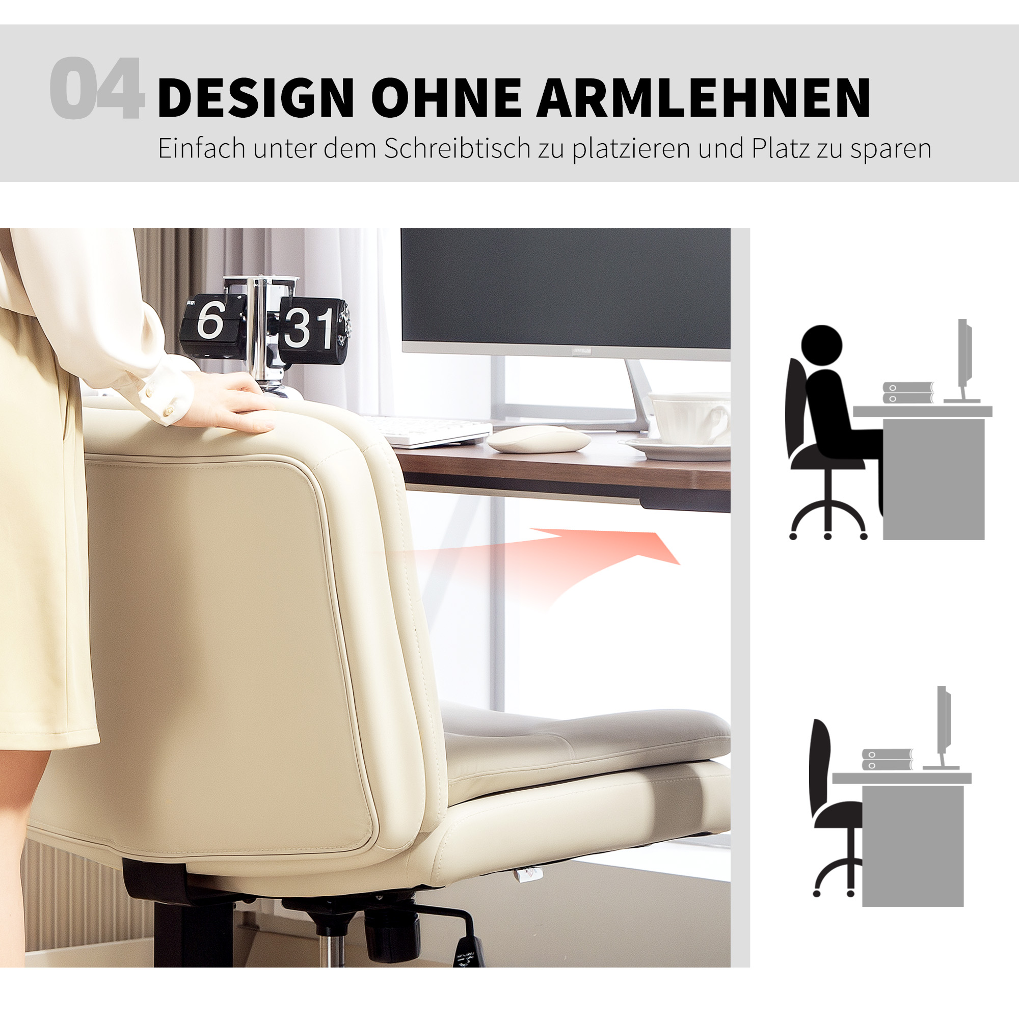 Armloser Bürostuhl mit Kunstleder-Bezug, Schreibtischstuhl mit Rollen, Extra-Kissen, höhenverstellbar, rollbar, Beige