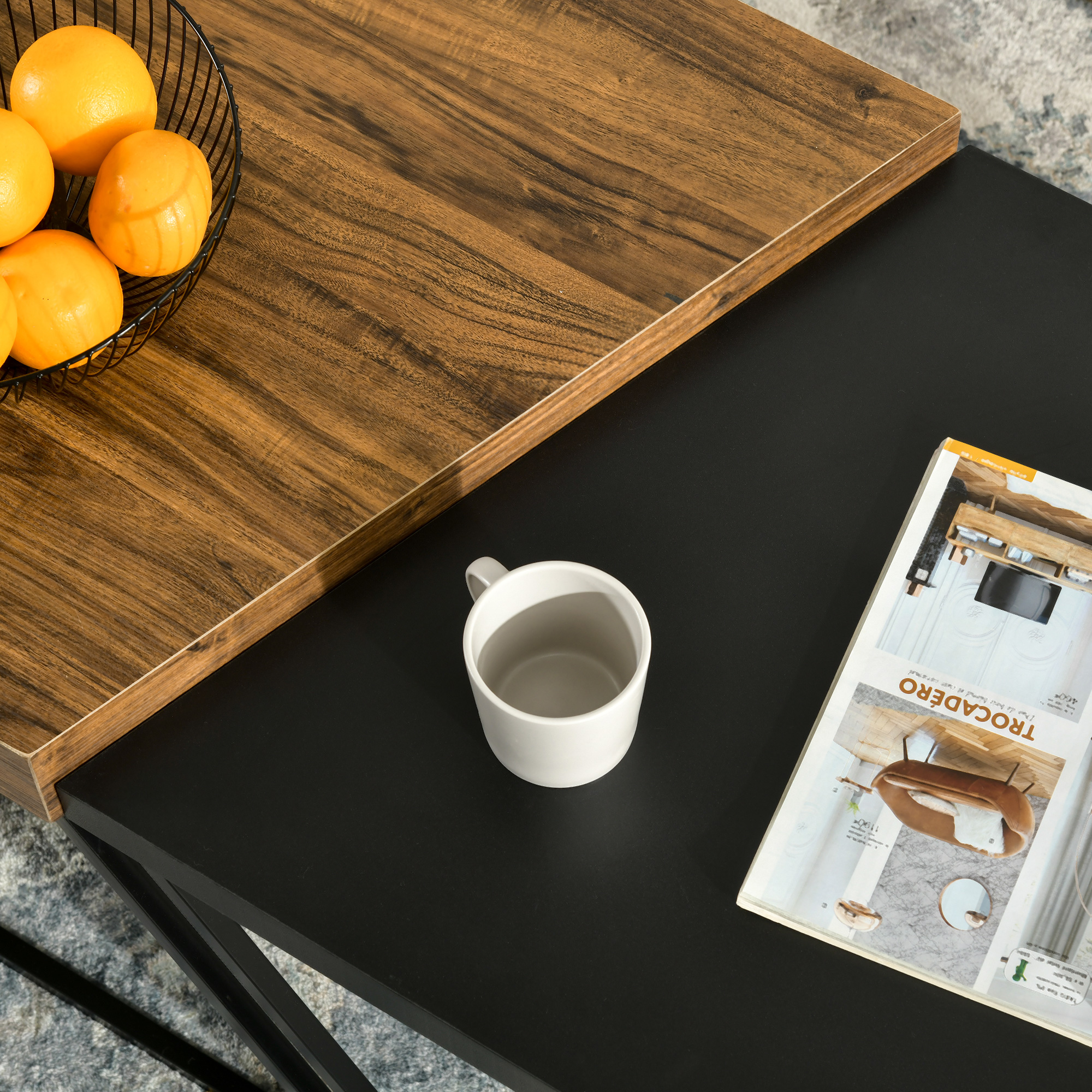 Couchtisch-Set, 2 Beistelltische, Industrial Design, Stahlrahmen, Holz/Schwarz