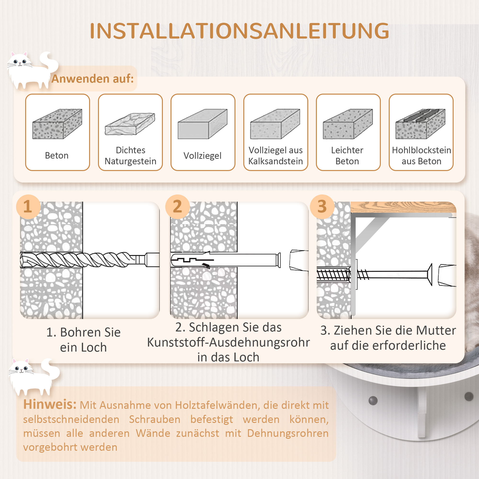 Katzenliege Katzen Wandliege Katzenbett Katzenregal Wandmontage Plüschauflage Grau 41 x 28 x 21 cm