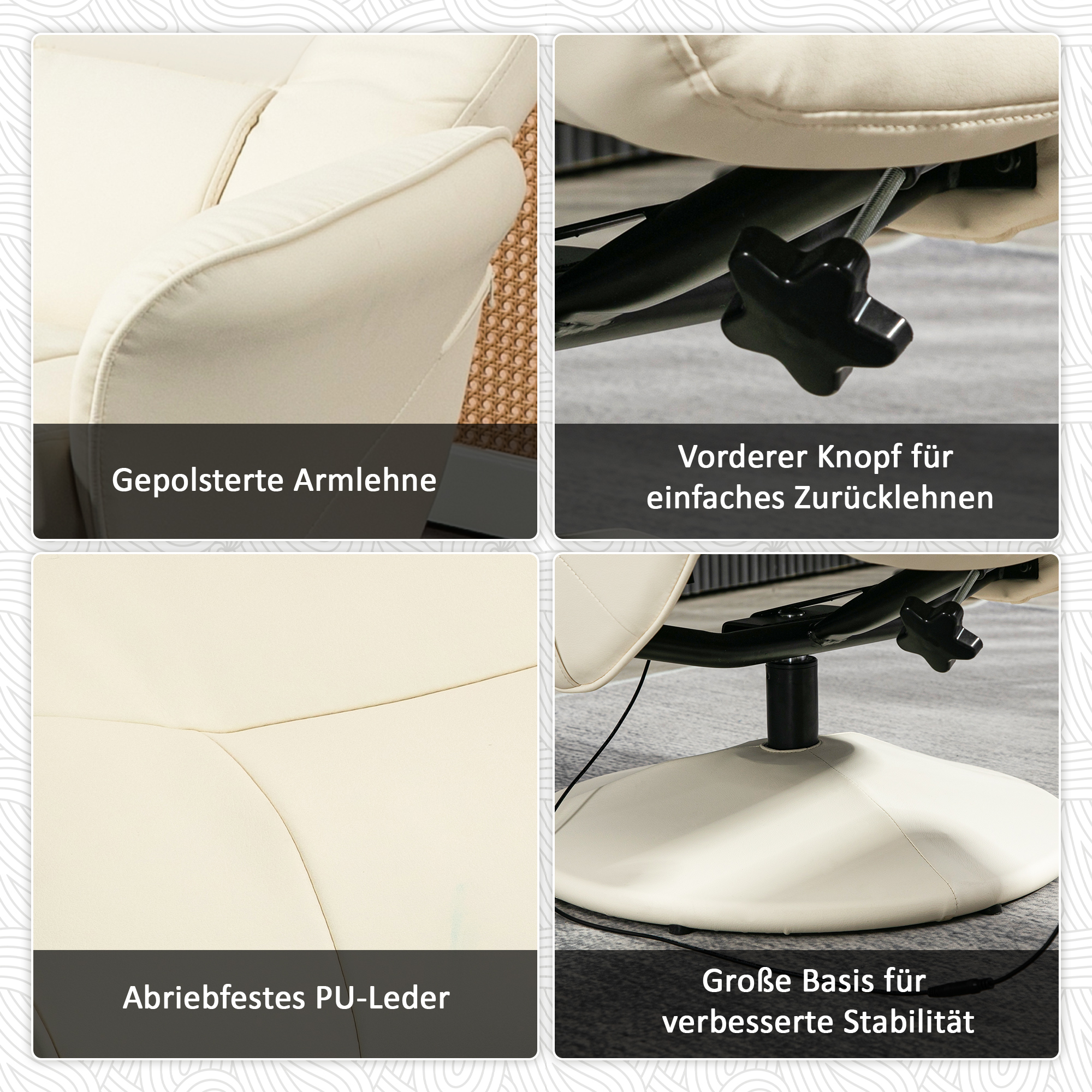 Massagesessel mit Fußhocker, Ergonomischer Stuhl mit 10 Vibrationspunkten, Kunstleder, 76 x 81 x 105 cm, Cremeweiß