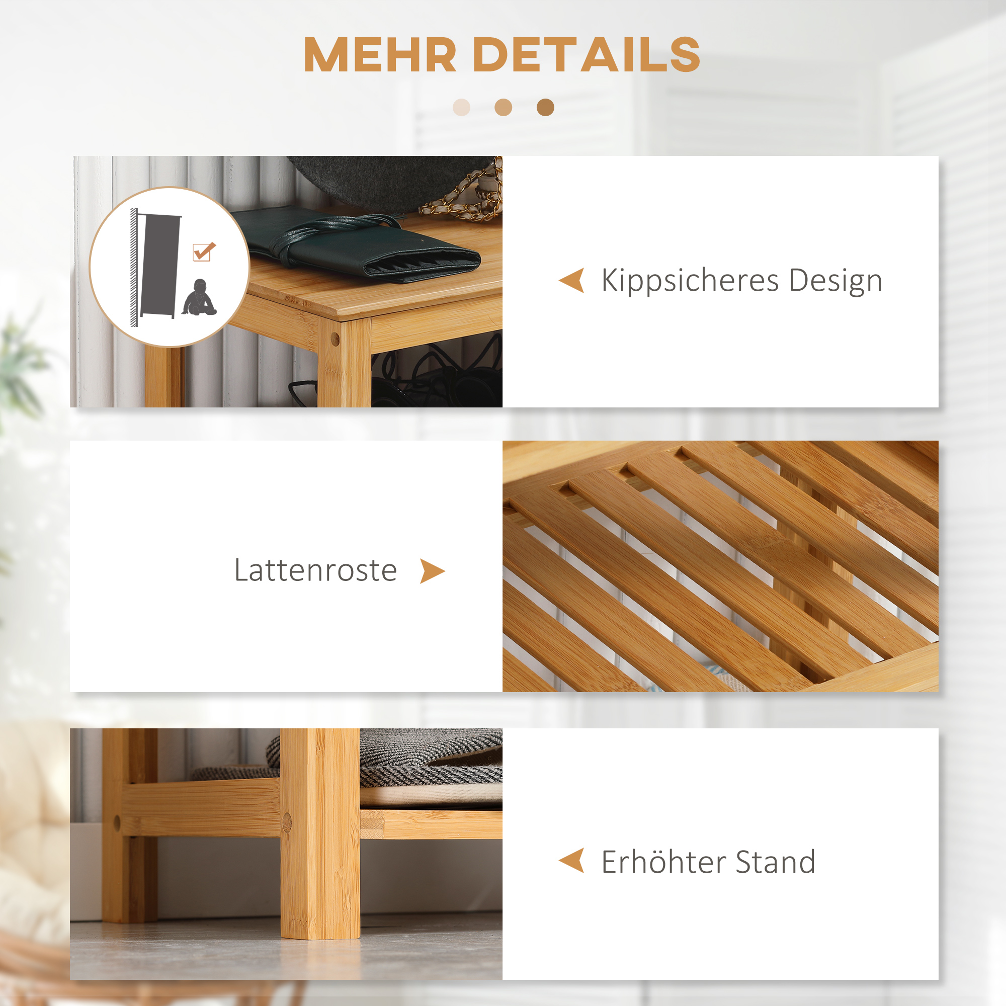 Schuhregal mit 4 Regalen, Bambus, Lamellen, bis Größe EU 45, Natur