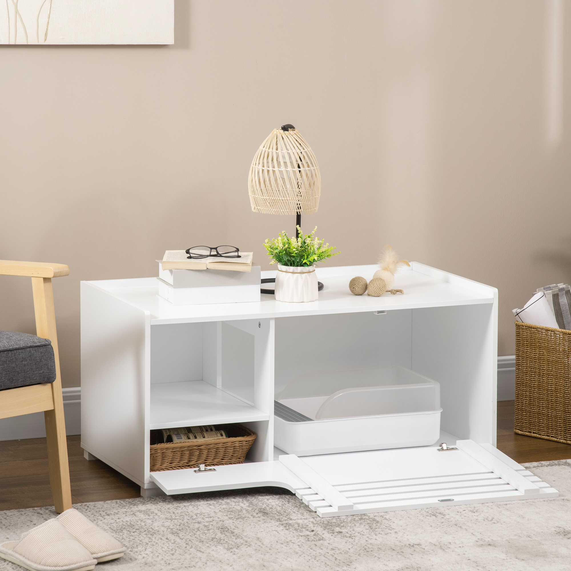 Katzenschrank mit 2 Regalen 2-in-1 Design Magnettür Weiß