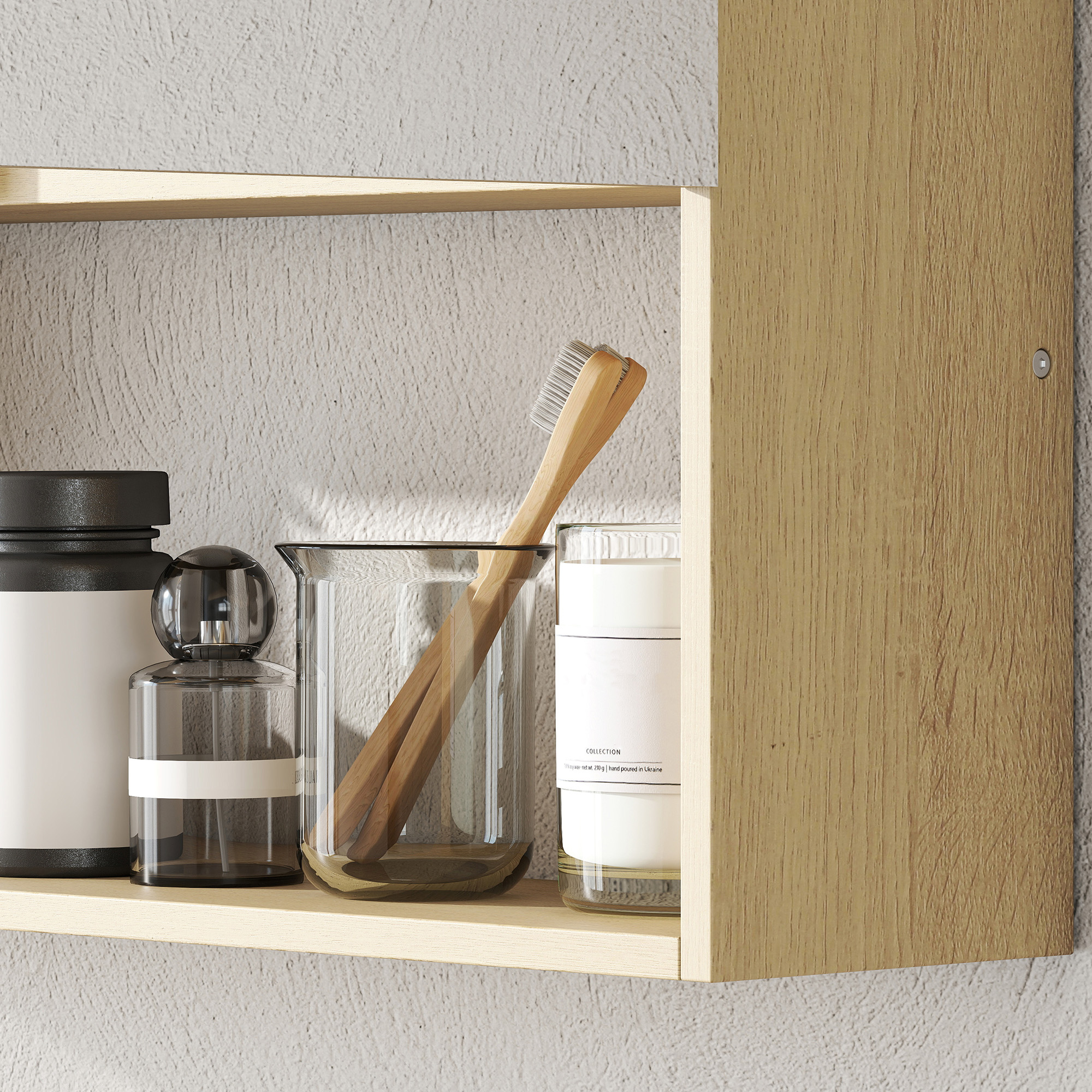 Badezimmerschrank, Spiegeltüren, offenes Regal, Wandmontage, MDF, Spanplatte, Eiche