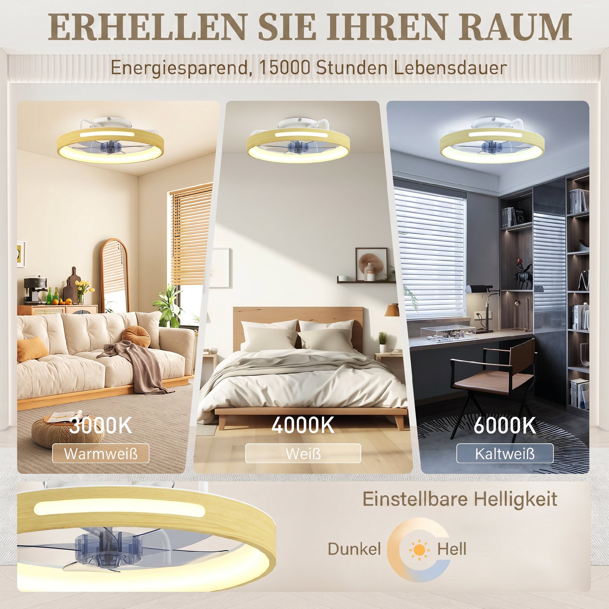 Deckenventilator mit Licht und Fernbedienung, 49 cm LED-Deckenventilator mit 3 Farbtemperaturen, natürliches Holzfinish