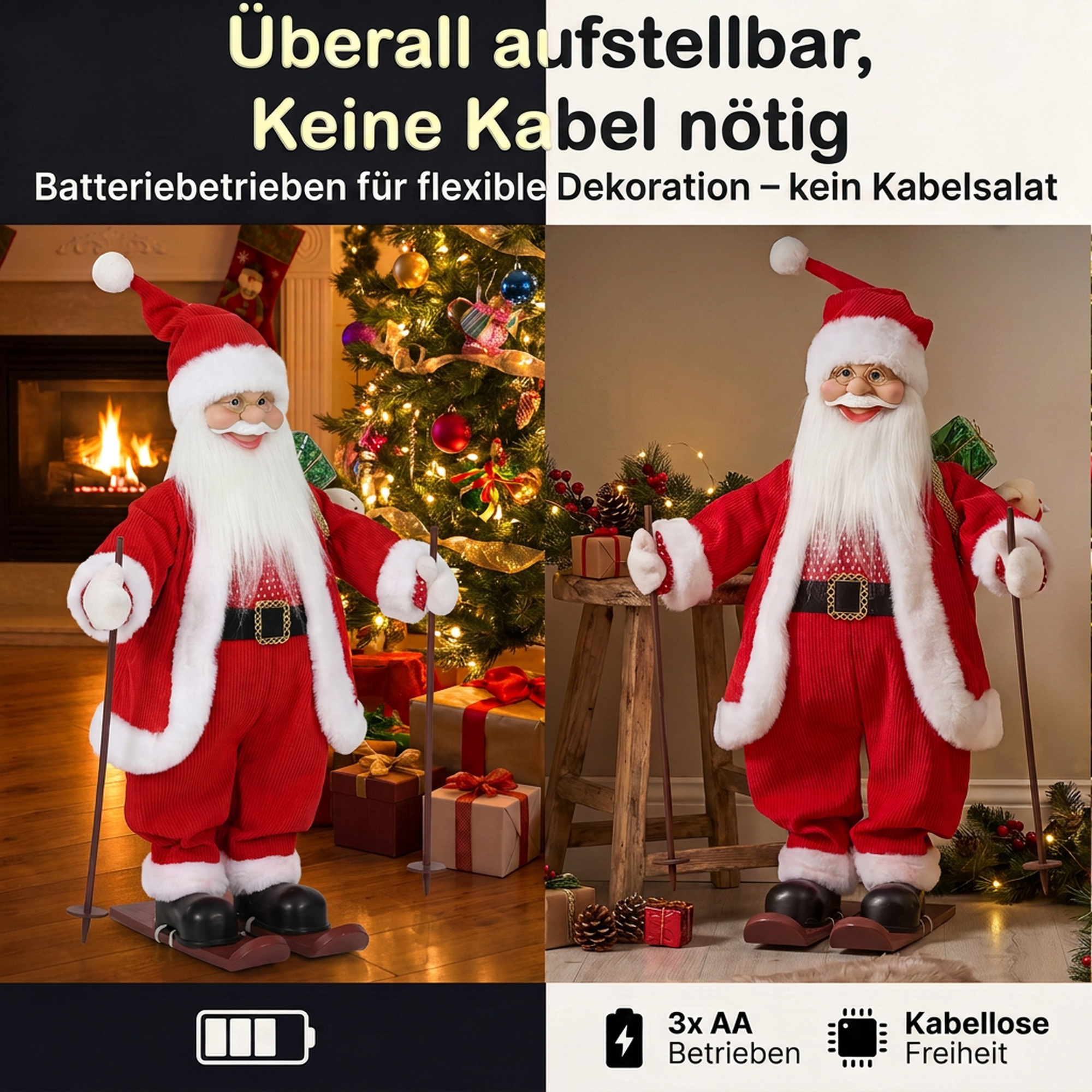Singender Ski-Weihnachtsmann, 66 cm, animierte stehende Weihnachtsfigur mit Skiern, Geschenkesack und Geräusch-/Berührungsaktivierung