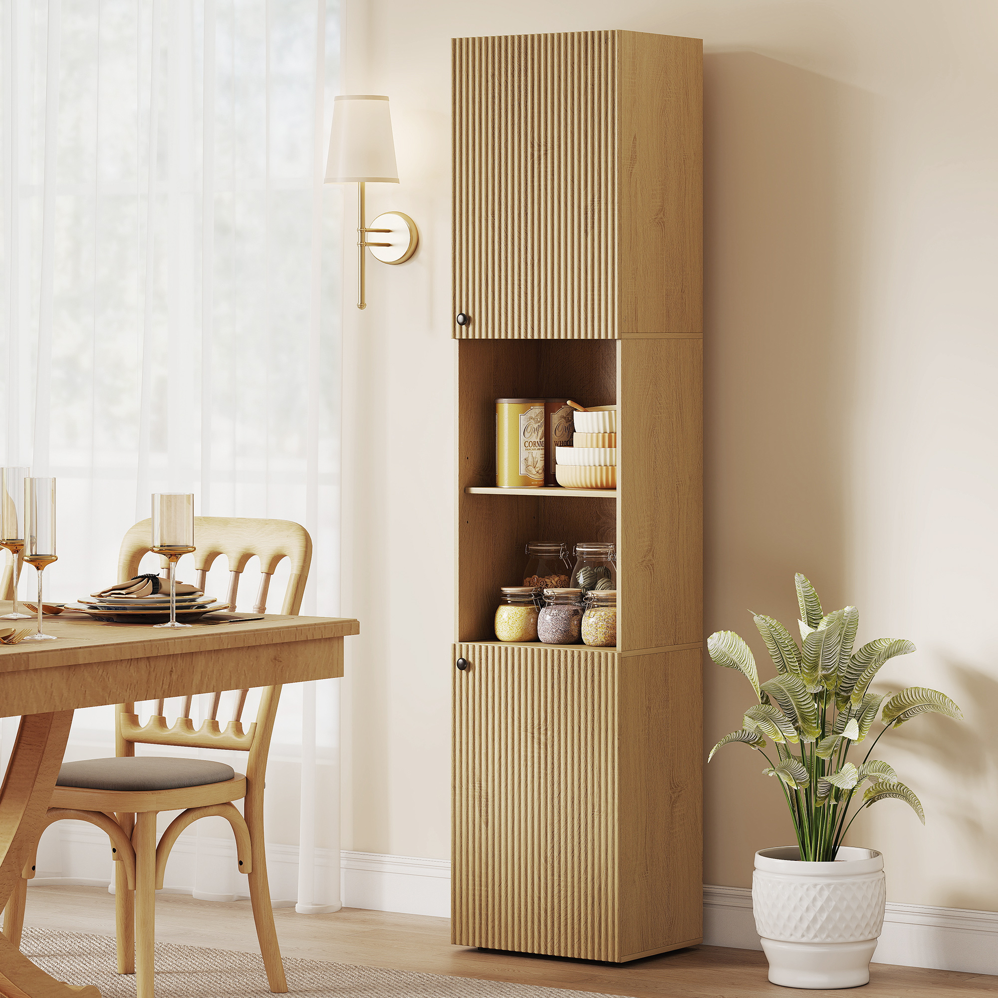 hoher Badezimmerschrank, 6 Ebenen, 2 Schränke, 2 offene Regale, offene Fächer, Holz, Eichenfarben