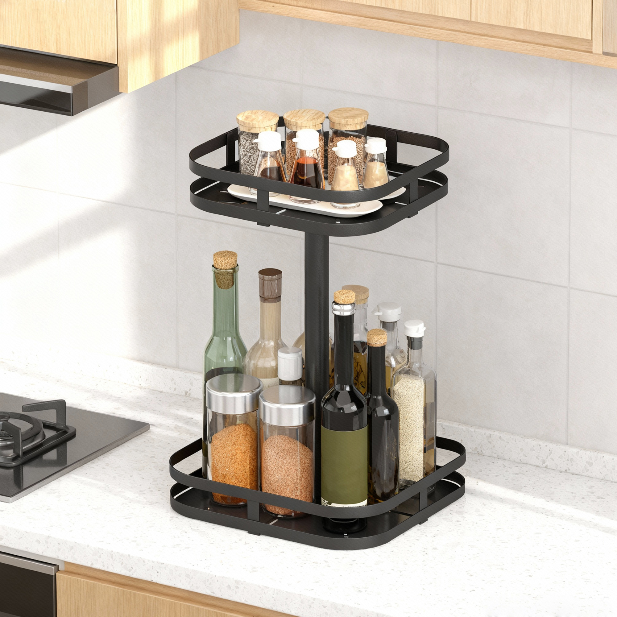 Drehbares Gewürzregal, 2-stufiges Design, Saugfüße, Metall, Schwarz