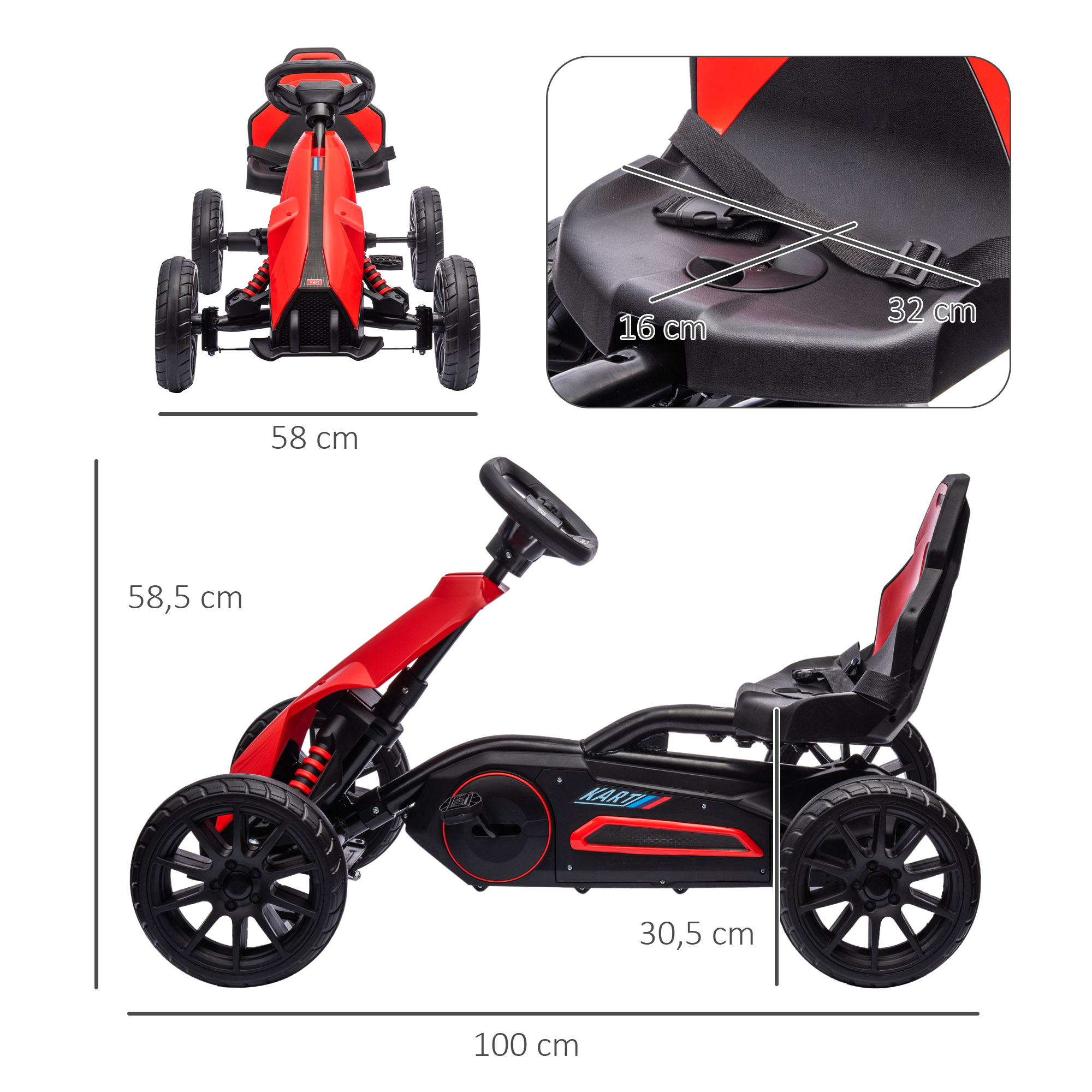 Go Kart Pedal Go Kart Rückwärts-uns Vorwärtsgang, für Kinder von 3 bis 8 Jahren, Rot