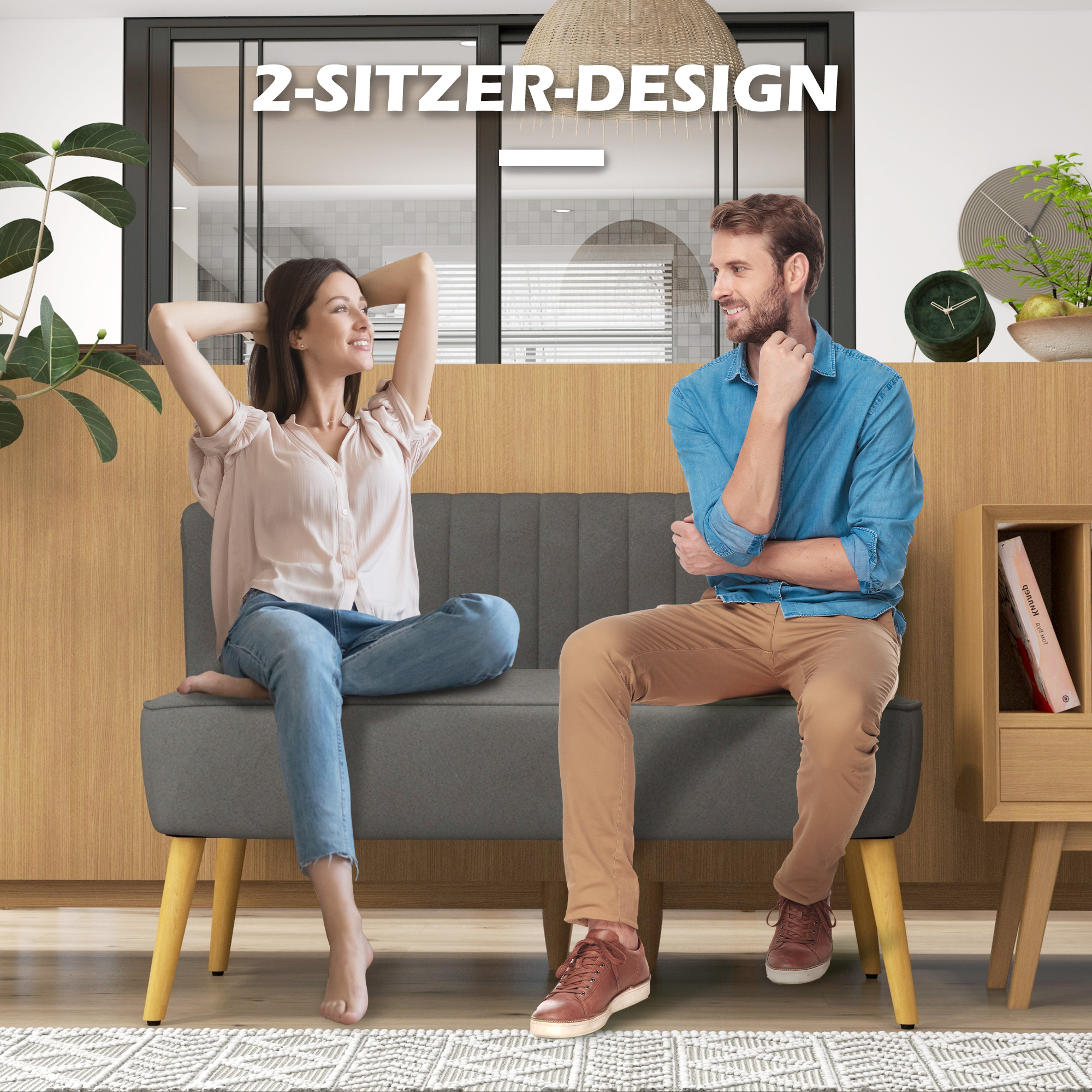 Sofa Retrodesign 2-Sitzer-Sofa, Holzbeine, 117 cm x 56,5 cm x 77 cm, Dunkelgrau