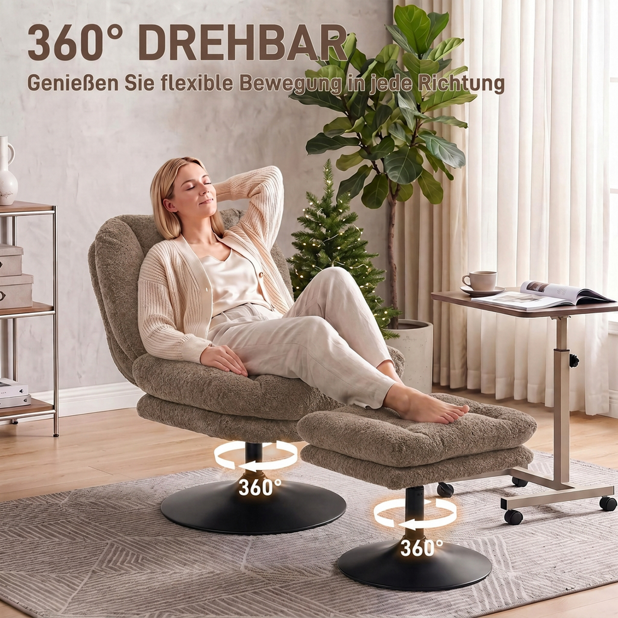 Loungesessel mit Hocker, 360° drehbar, aus Raindrop-Samt, höhenverstellbarer Fußhocker, Braun