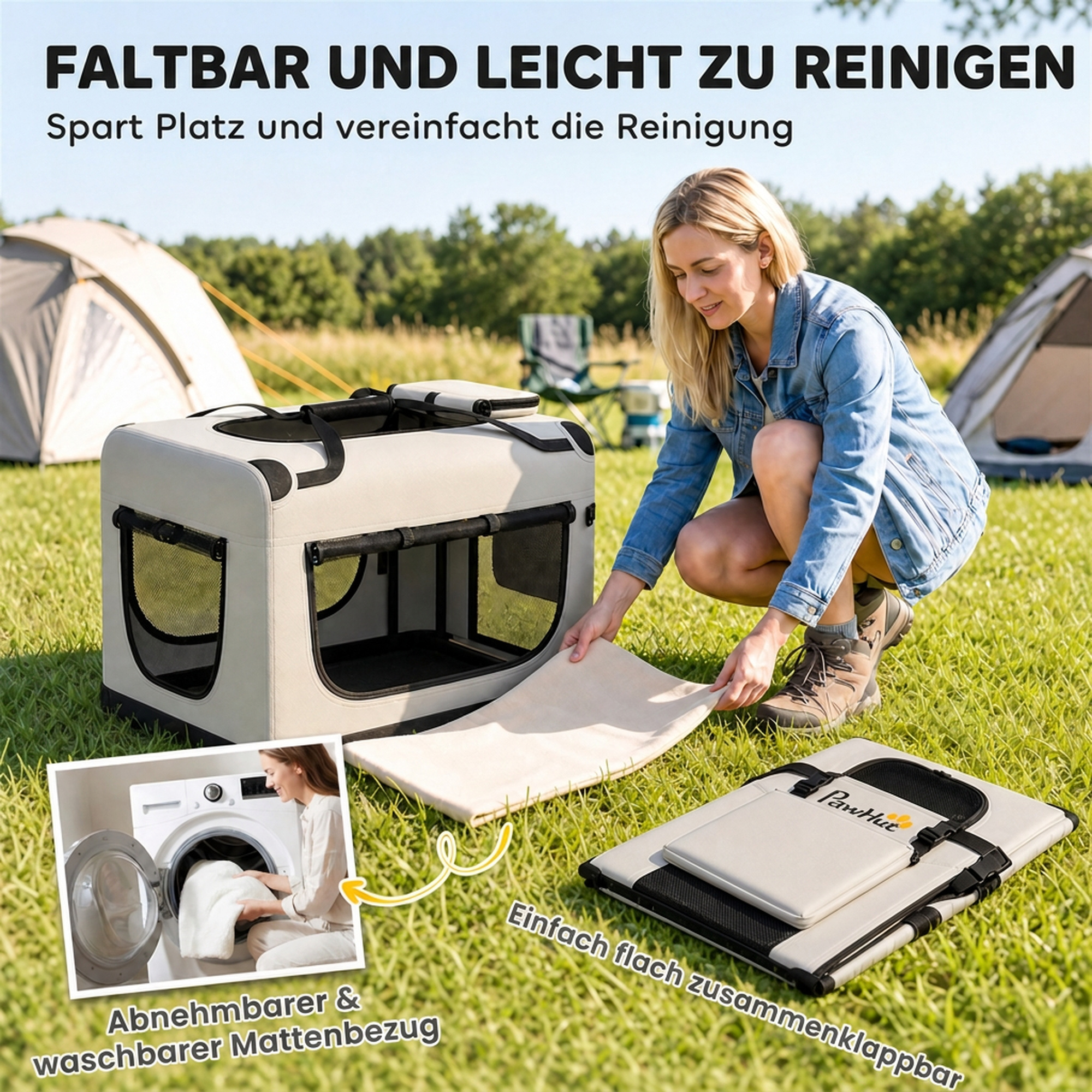 Transporttasche für Haustiere, weichw. Hundetragetasche mit Sicherheitsleine, Kissen und Napf, hellgrau