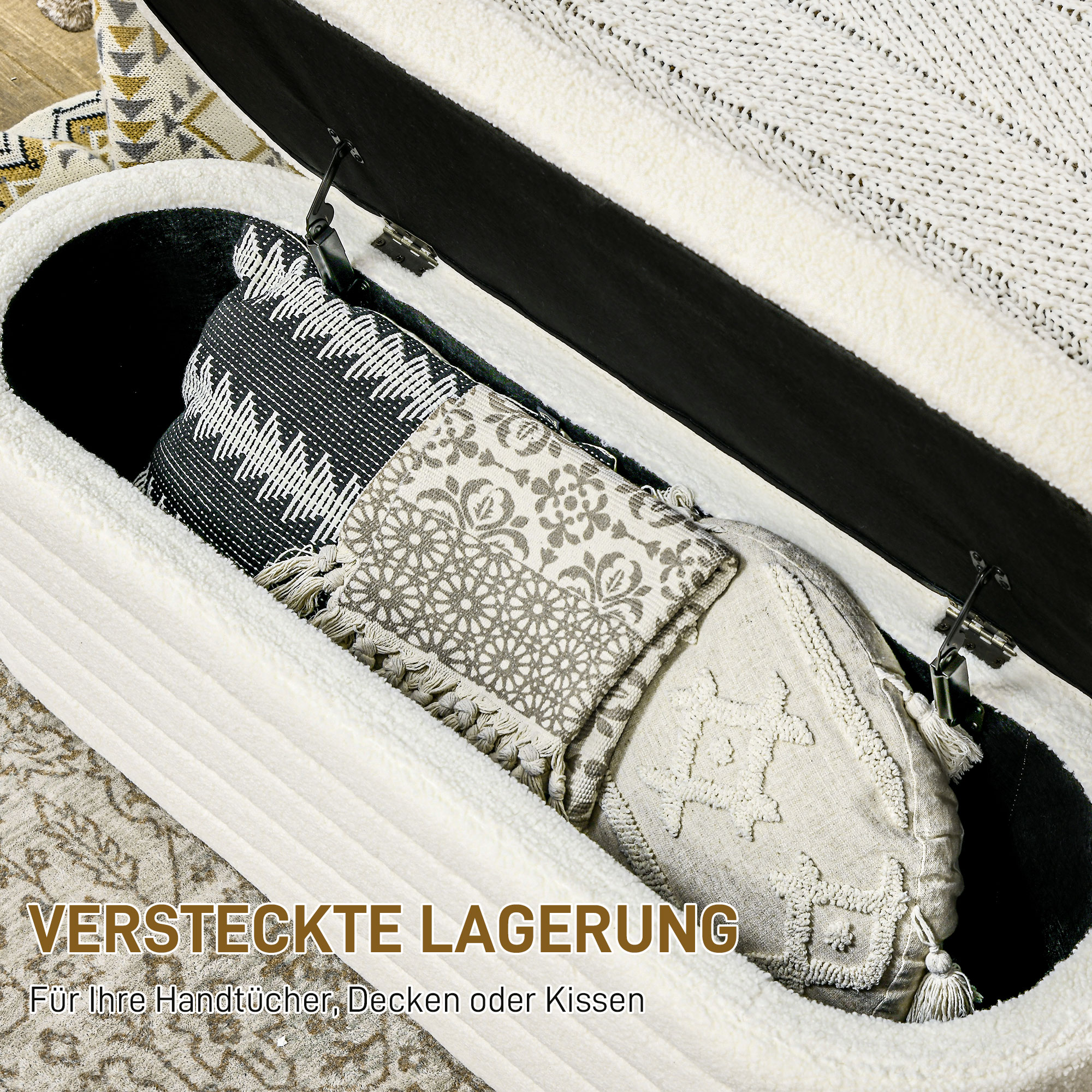 Bettbank, Stauraum, Teddy-Fleece, 116x41x40,5cm, Cremeweiß