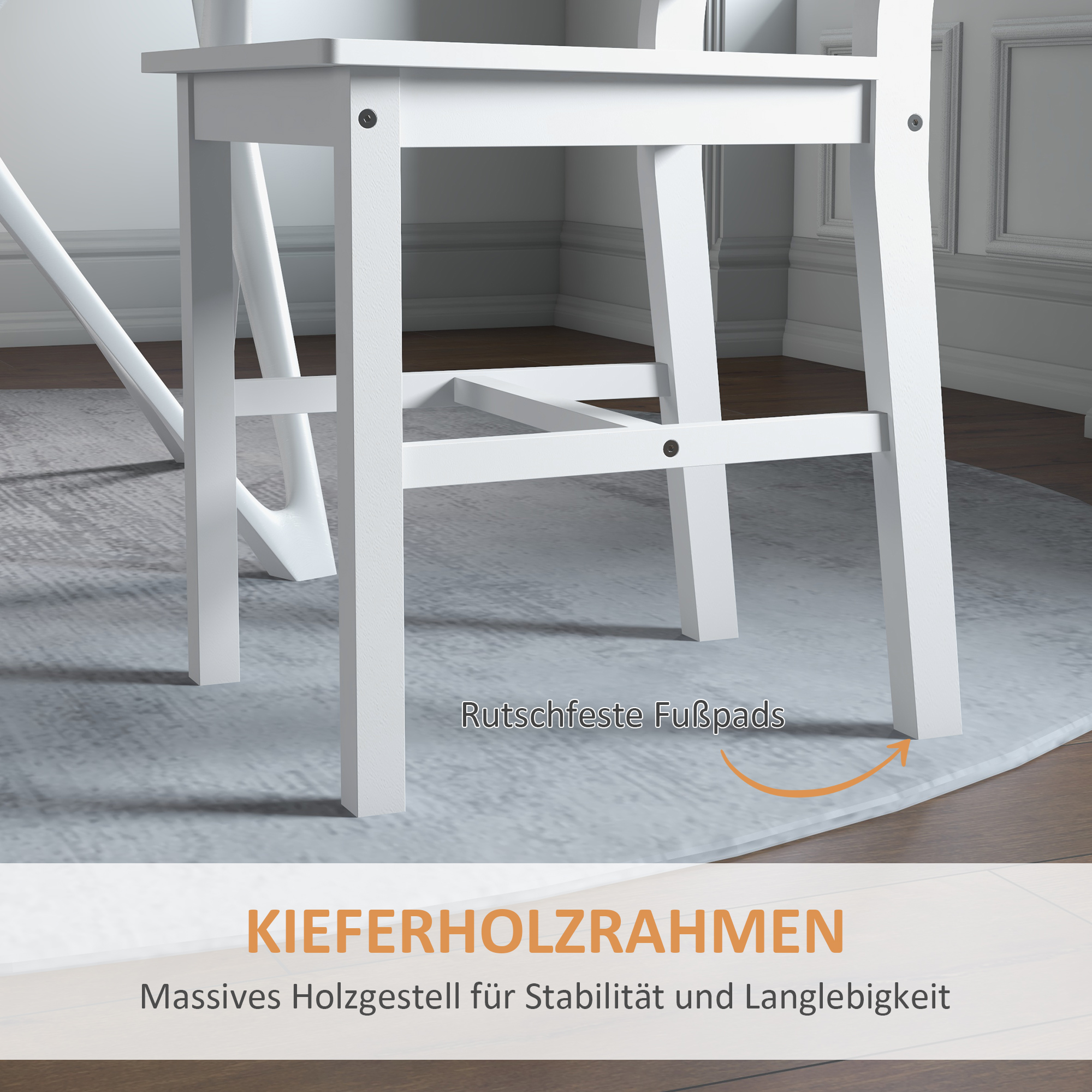 Esszimmerstühle 2er Set Holz Küchenstuhl mit Leistenrücklehne, Rutschfest 41,5 x 46 x 90 cm Weiß