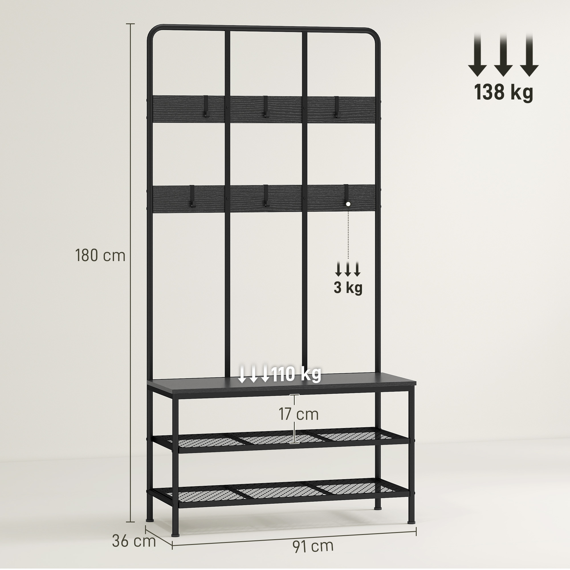 3-in-1 Garderobenständer, Kleiderhaken, Sitzbank, Schuhregal, Metall, Spanplatte, Schwarz