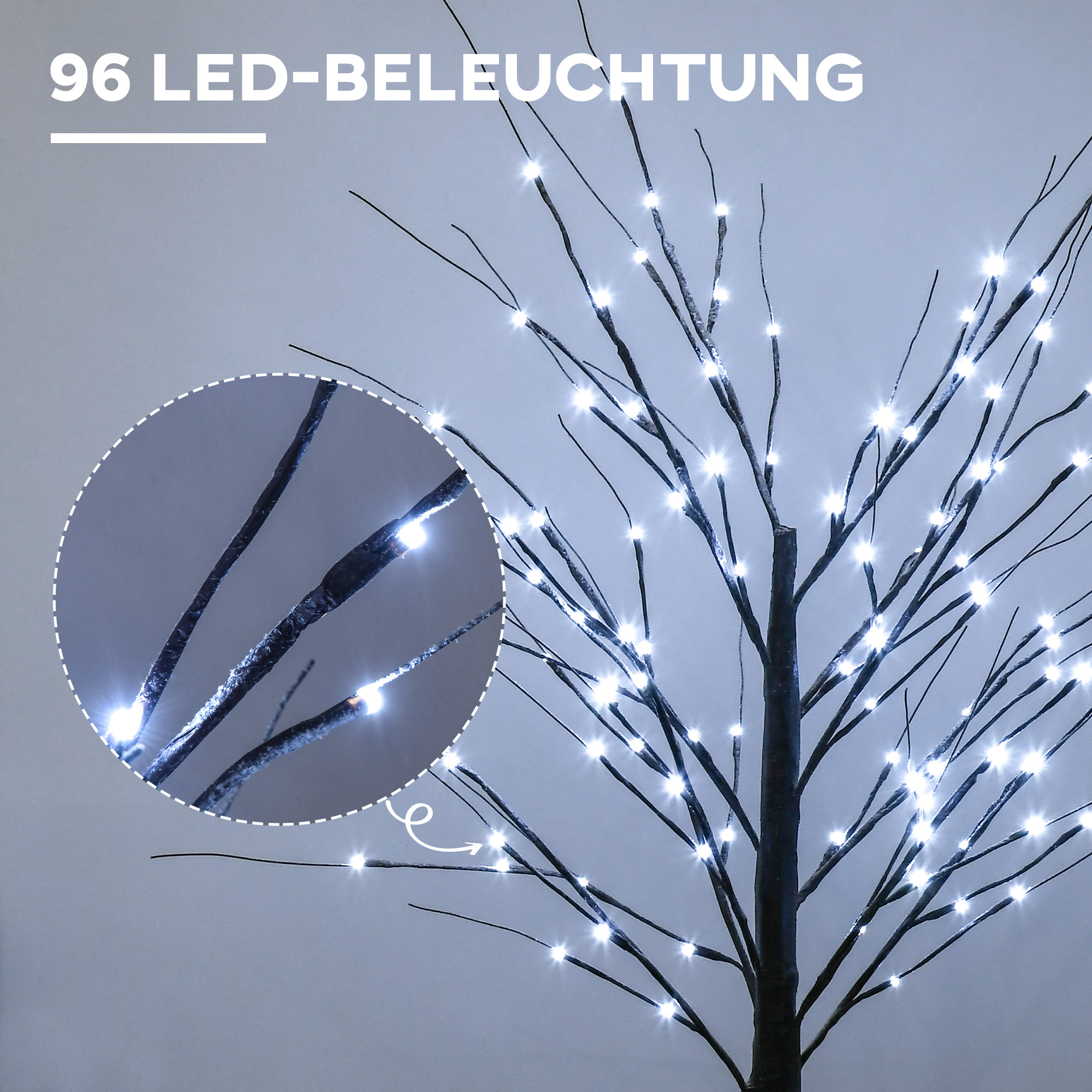 Künstliche Birke mit LED-Beleuchtung, 96 warmweiße Mikro-LEDs, 150 cm, Braun
