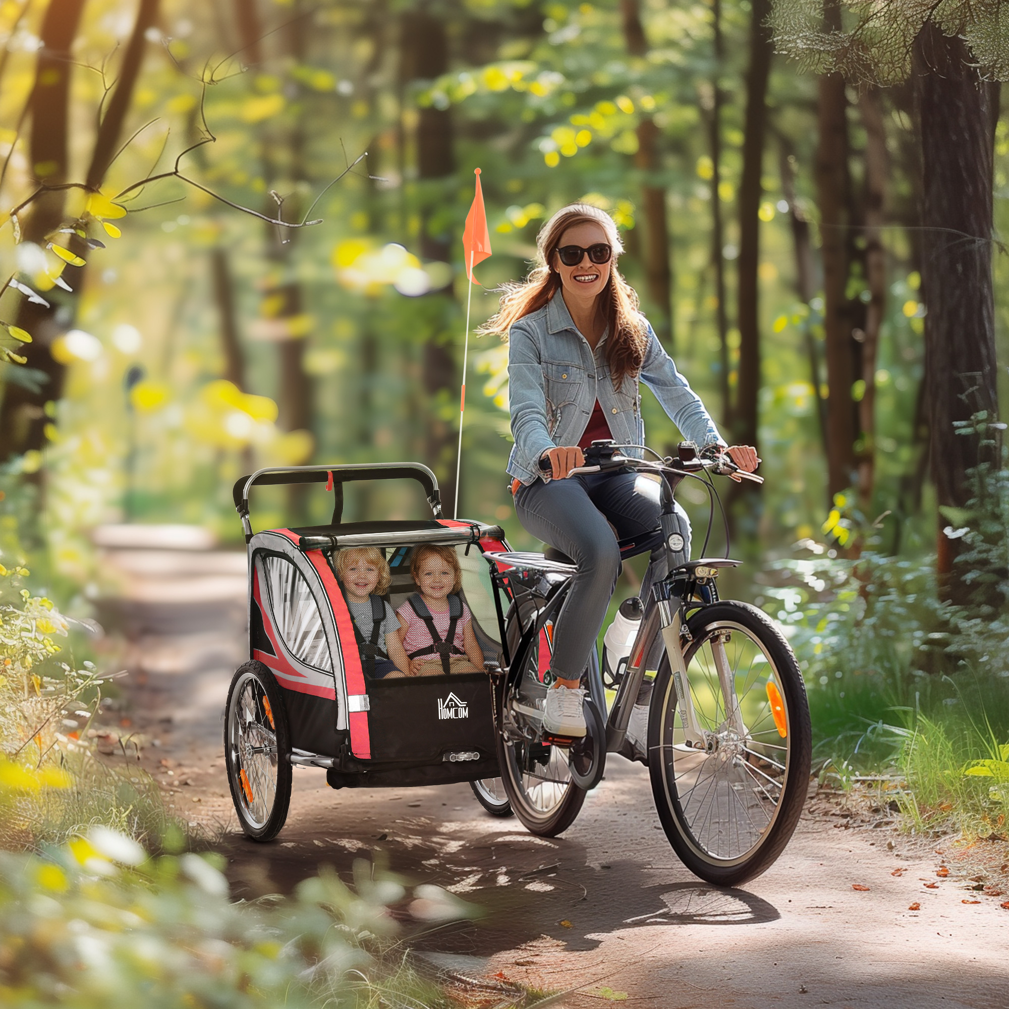 Kinderfahrradanhänger, 2-in-1, Joggerfunktion, wetterfeste Plane, Stahlrahmen, rot+schwarz, 142 x 75 x 101cm