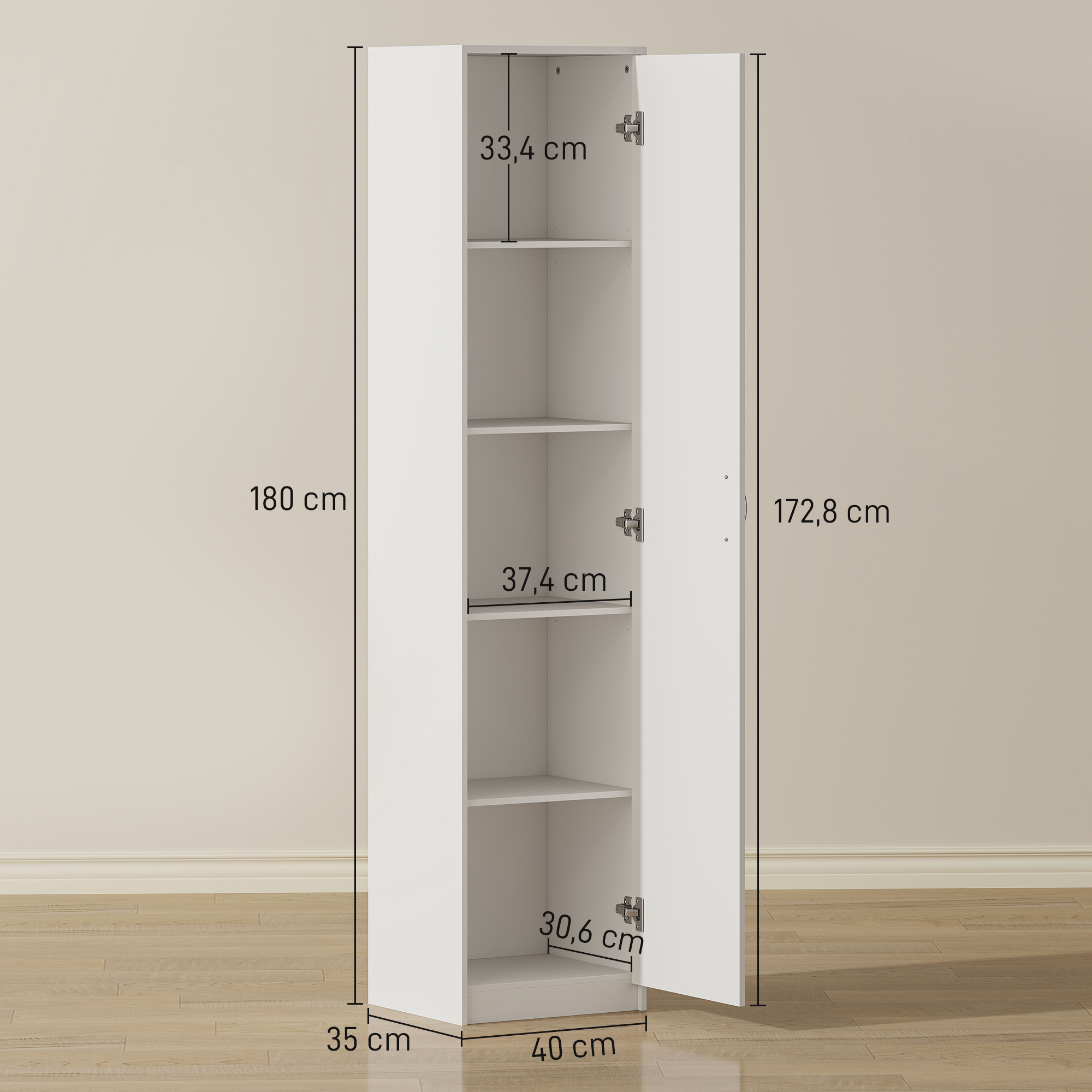Küchenschrank, 5-Ebenen-Aufbewahrungsschrank, verstellbare Regale, für Wohnzimmer, Küche, Vorratskammer, Holz, Weiß