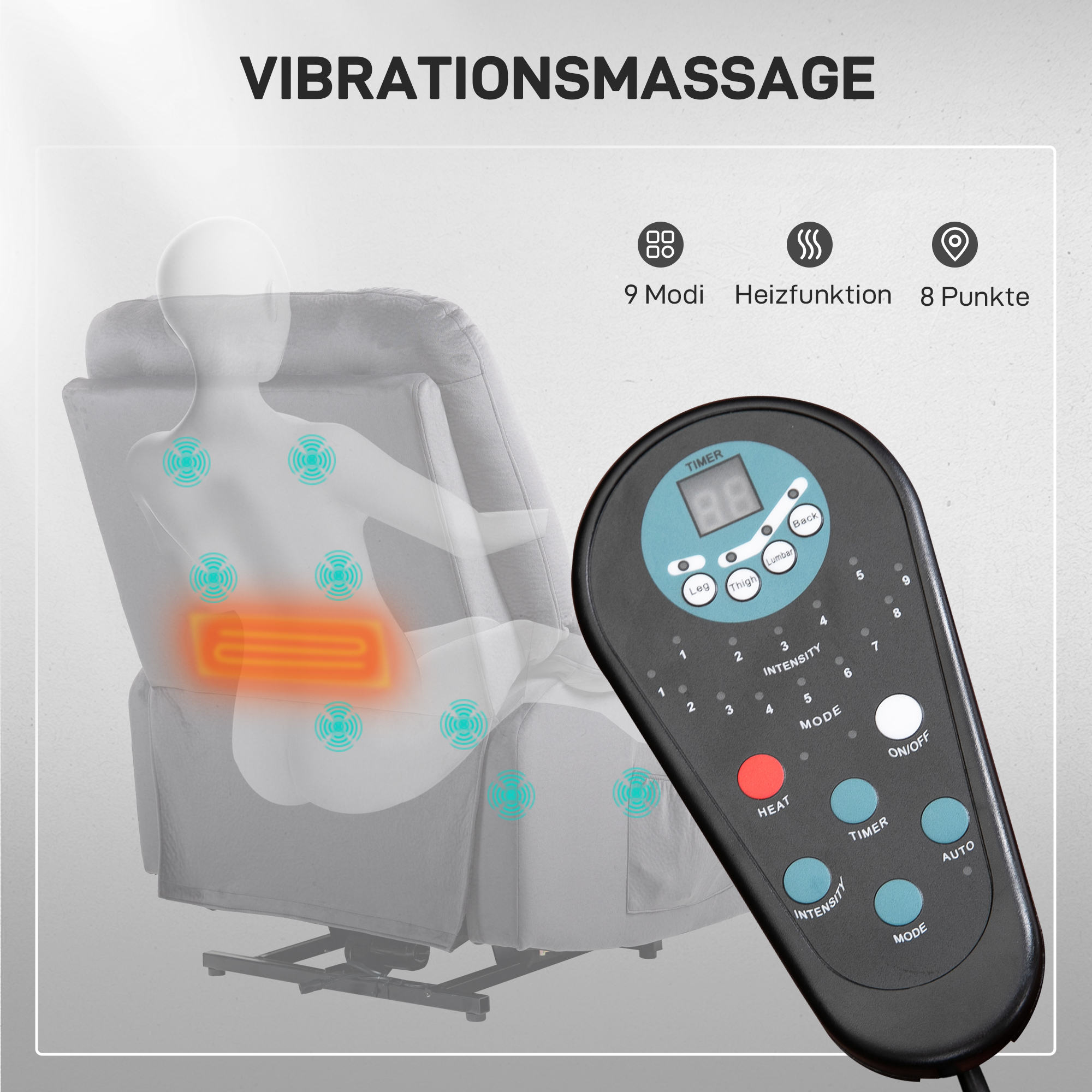 Fernsehsessel mit Aufstehhilfe, Wärme- und Massagefunktion, Fernbedienung und Seitentasche, Dunkelgrau