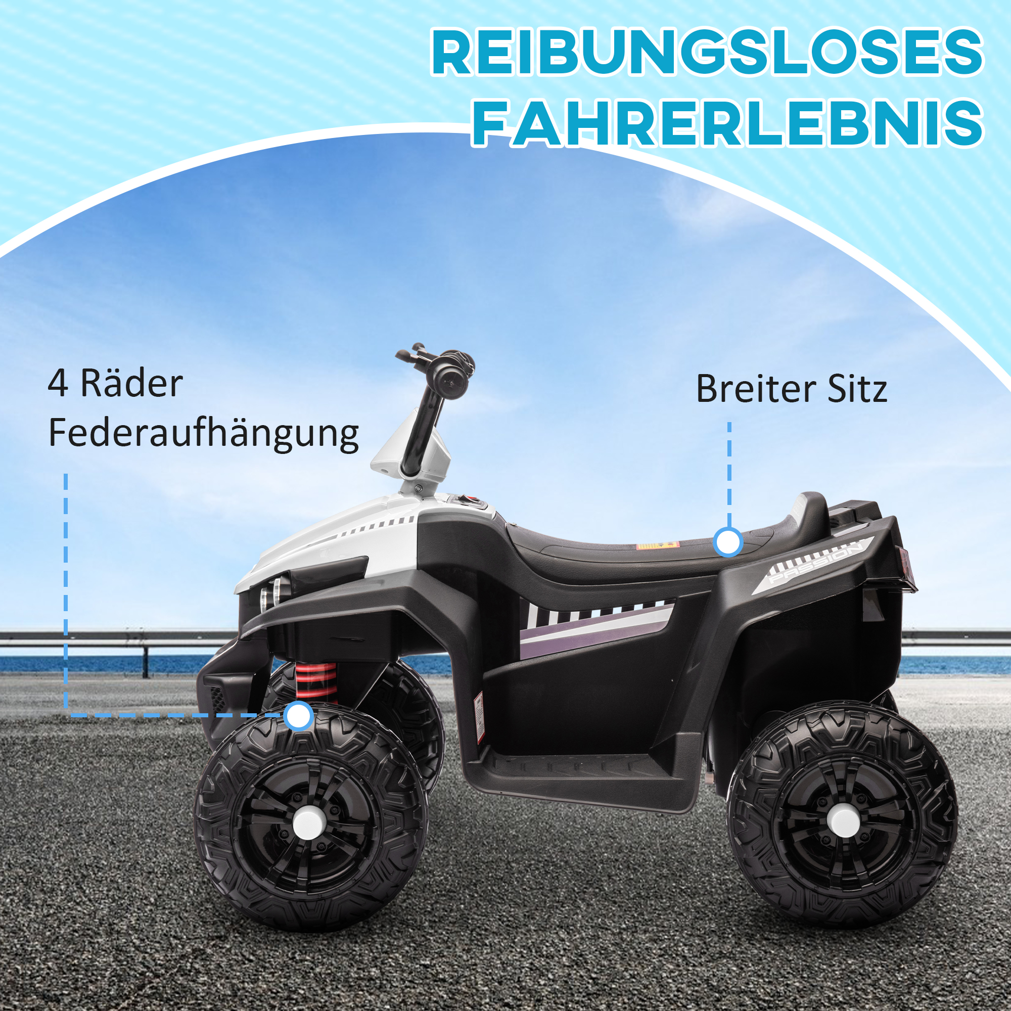 Elektro-Kinderquad, Licht & Musik, Federung, 5 km/h, 50 Min. Fahrzeit, für 3-5 Jahre, Weiß