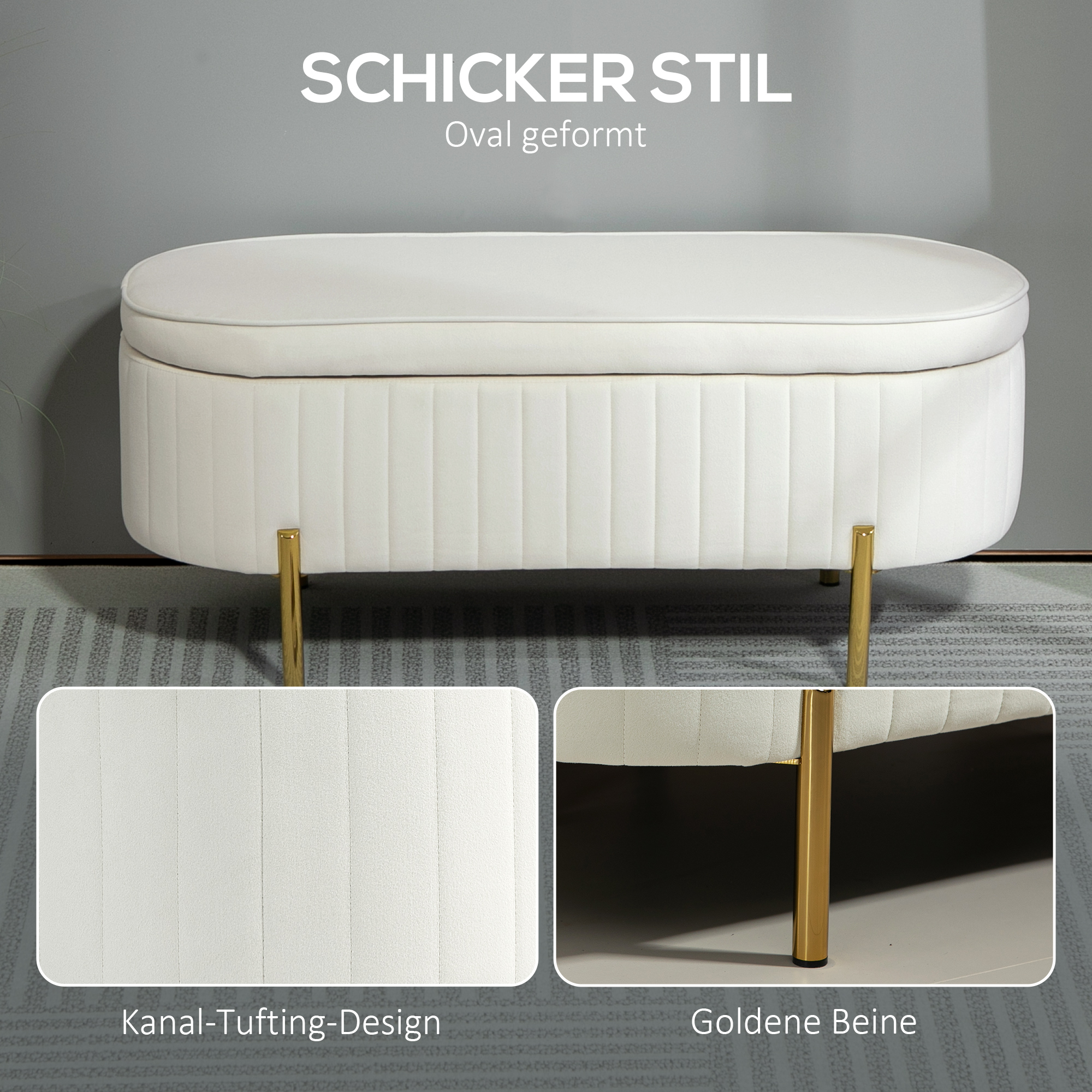 Sitzbank mit Klappdeckel und Stauraum, Stoffbezug, Metall, Cremeweiß+Golden