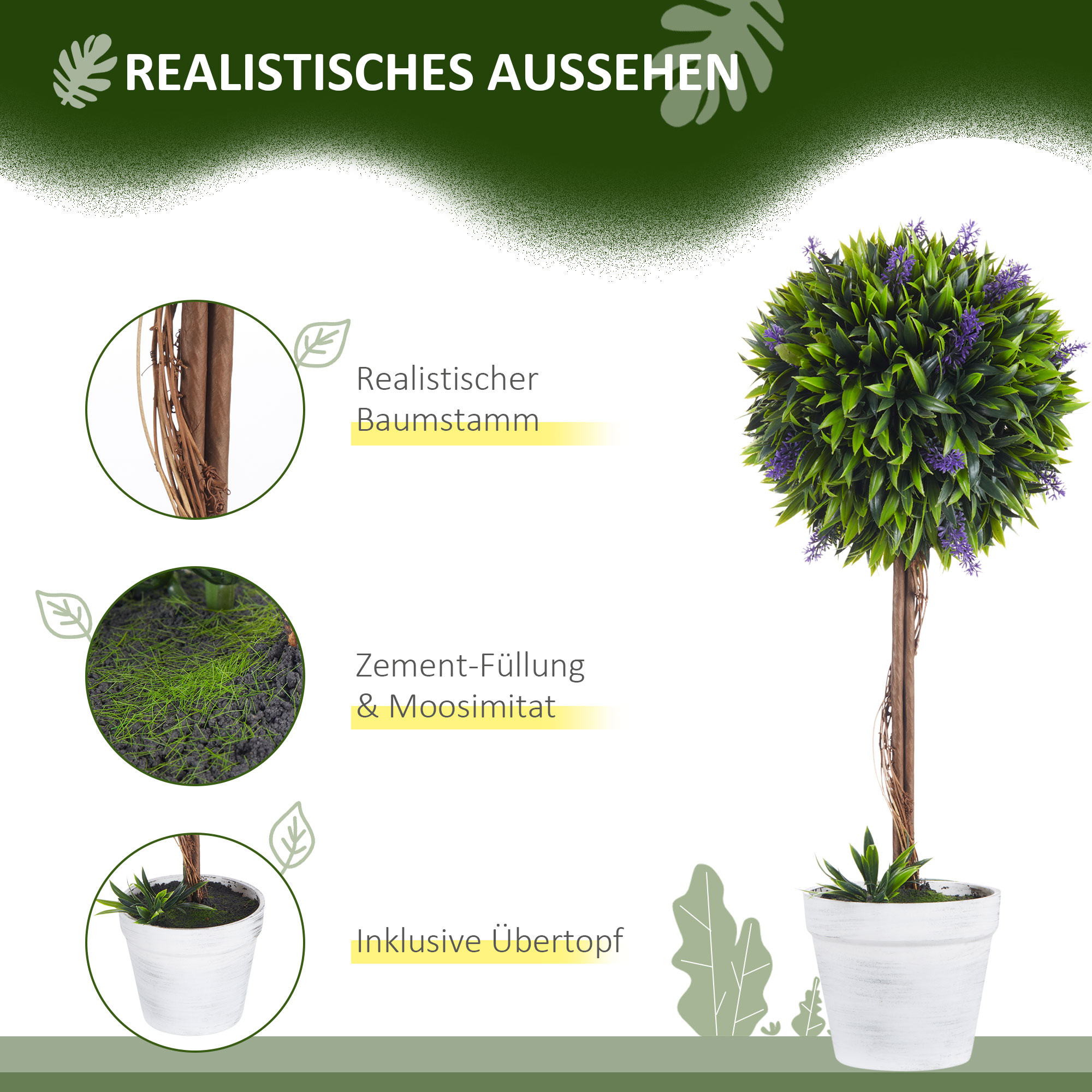 2er-Set Kunstpflanze inkl, Übertopf und Kunstmoos, künstliche Lavendelstämmchen,  Weiß + Grün + Lila