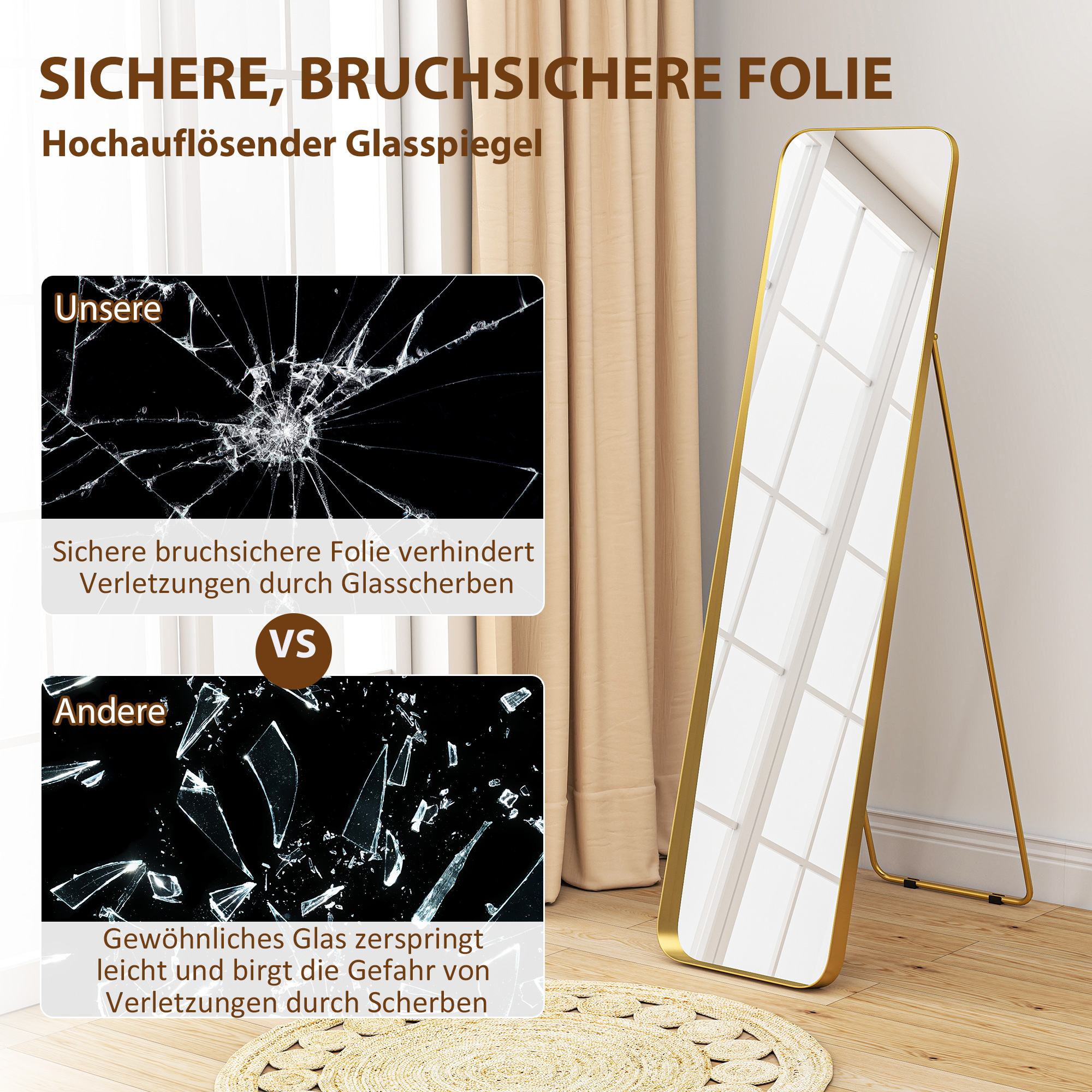 Ganzkörperspiegel, freistehend, neigbar, Metallrahmen, MDF, 160 x 40 cm, Goldfarben