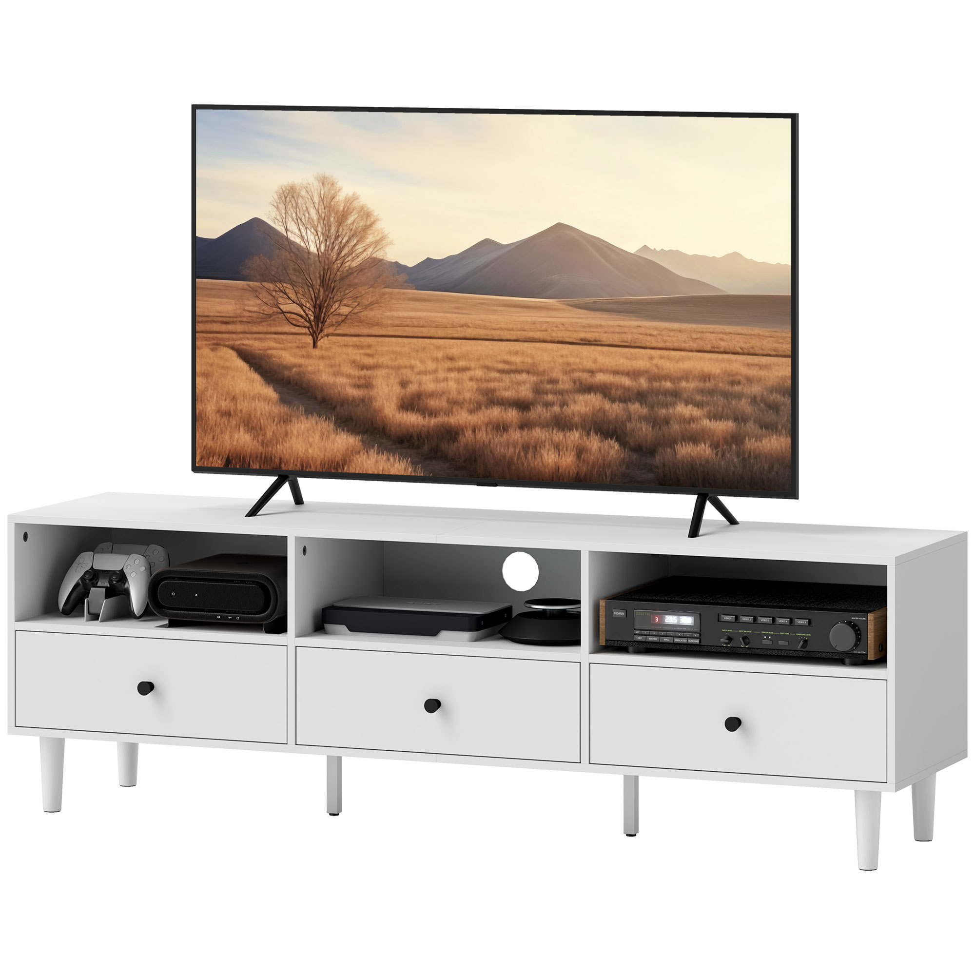 TV-Kommode, TV-Ständer für 75-Zoll-Bildschirme, 3 offene Fächer, 3 Schubladen, Spanplatte, Weiß TV-Kommode, TV-Ständer für 75-Zoll-Bildschirme, 3 offene Fächer, 3 Schubladen, Spanplatte, Weiß
