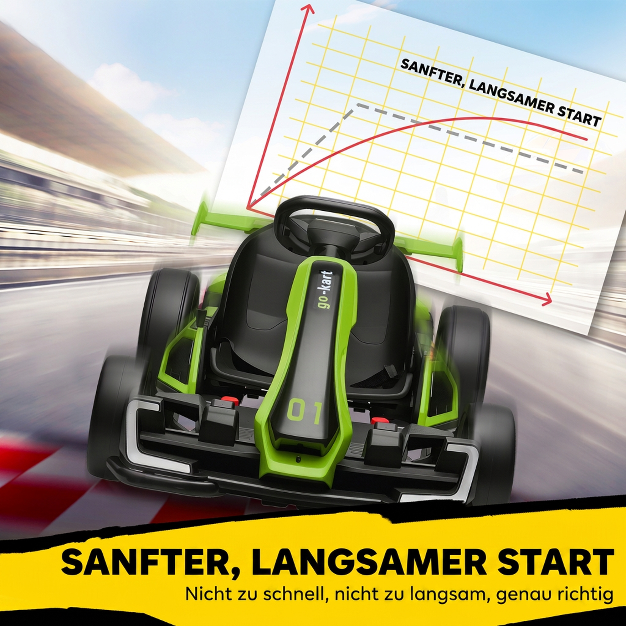 24V Elektro Go-Kart, für Kinder, bis 12 Km/h Gokart mit Drift-Funktion, 2 Motoren, verstellbarer Sitz, Sanftanlauf, grün