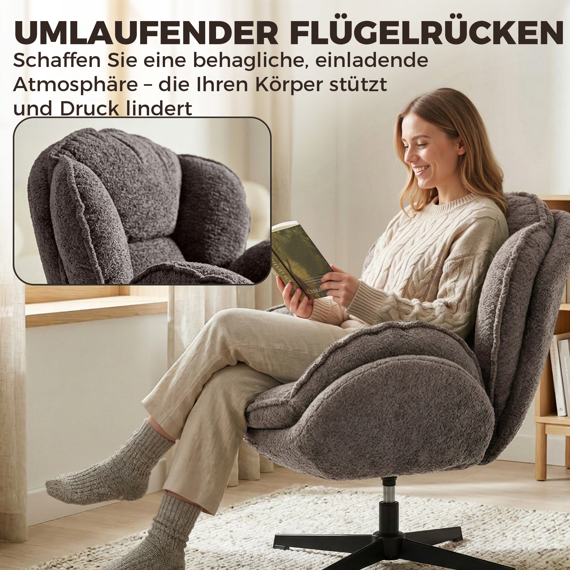 moderner Wingback-Sessel, Samt-Armlehnsessel mit Vier-Sterne-Basis, S-Federn, 360° Drehfunktion, Grau